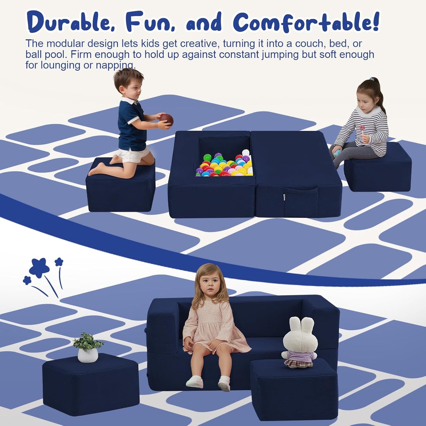 MeMoreCool Convertible Modular Kids Foam Play Couch Sofa – Navy Fold-Out Toddler Couch for Playroom or Bedroom