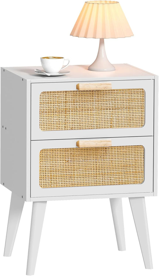 Rattan Nightstand, Wood End Table, Side Table with 2 Hand Made Rattan Decorated Drawers,Boho Bedside Table,Wood Accent Table with Storage for Livingroom, Bedroom, White CTG59W