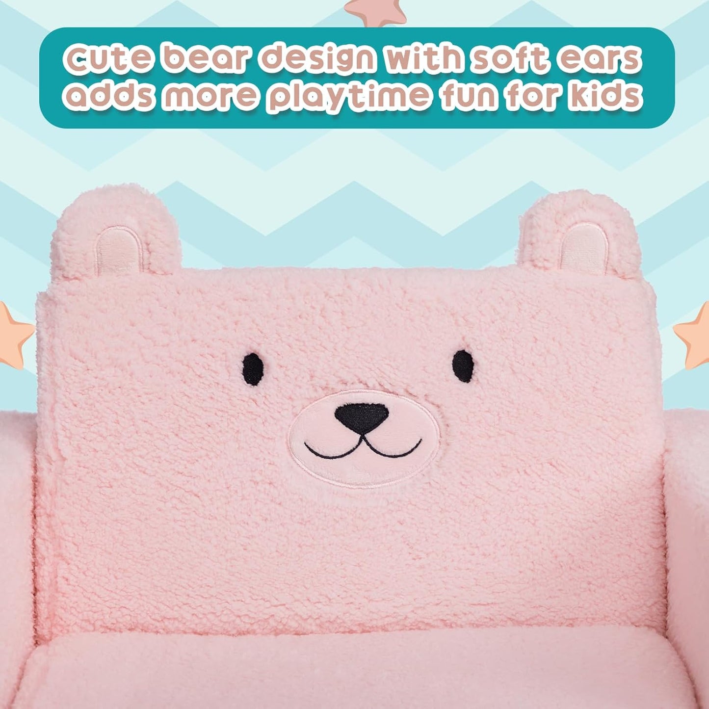 ALIMORDEN Fold Out Toddler Couch, Comfy 2-in-1 Cuddly Sherpa Bear Chair for Kids, Convertible Sofa to Lounger, Kids Cozy Corner Play Couch for Boys and Girls, Pink