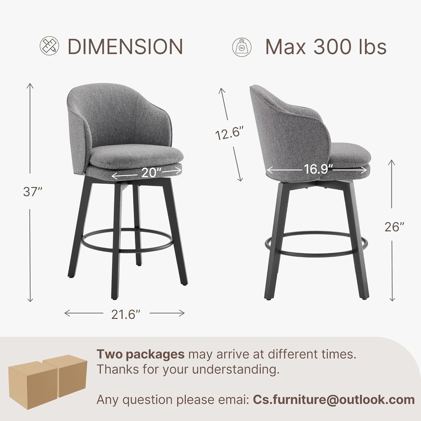 Counter Height Barstools 26 inch Upholstered Swivel Bar Stools with Back and Wood Legs for Kitchen Island,Set of 4,Dark Grey Fabric