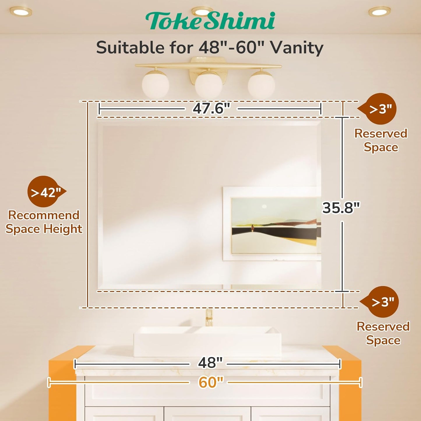 TokeShimi 48x36 Frameless Bathroom Mirror for Over Sink with 1" Beveled Edge, Tempered Bathroom Vanity Mirror Beveled, Shatterproof Rectangle Mirrored Wall Mounted for Living Room, Entryway
