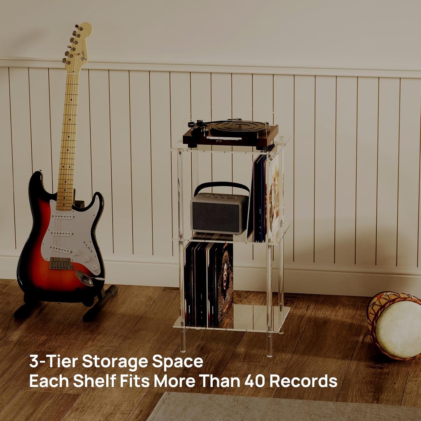 HMYHUM Acrylic Record Player Stand, Turntable Stand with Vinyl Record Storage, Tall Side Table/End Table for Living Room, Bedroom, 3-Tier, Modern, 15.7" L x 11.8" W x 30.8" H, Clear