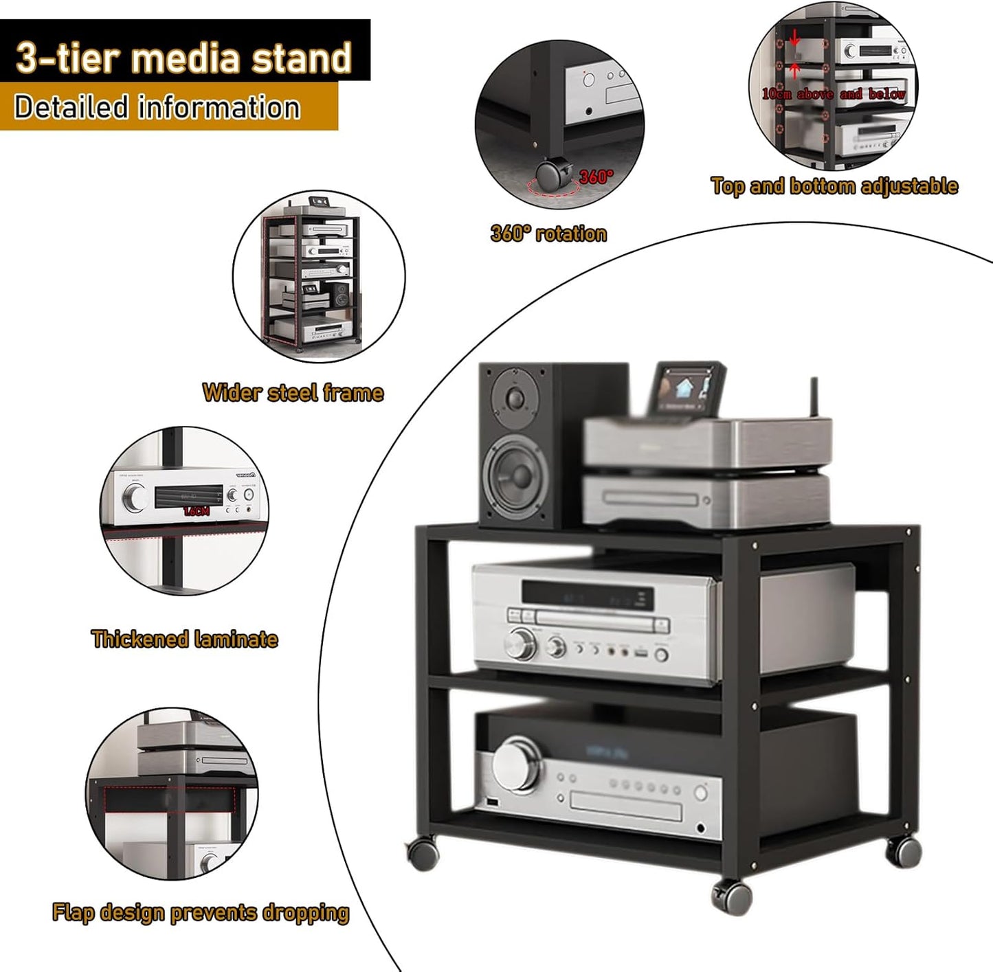 3 Tier Audio Rack Tower, CD Record Player Stereo Receiver AV Equipment Cabinet Display Rack, Weight Capacity 220 lbs, with Adjustable Wooden Shelves for Home (Black, 3tier)