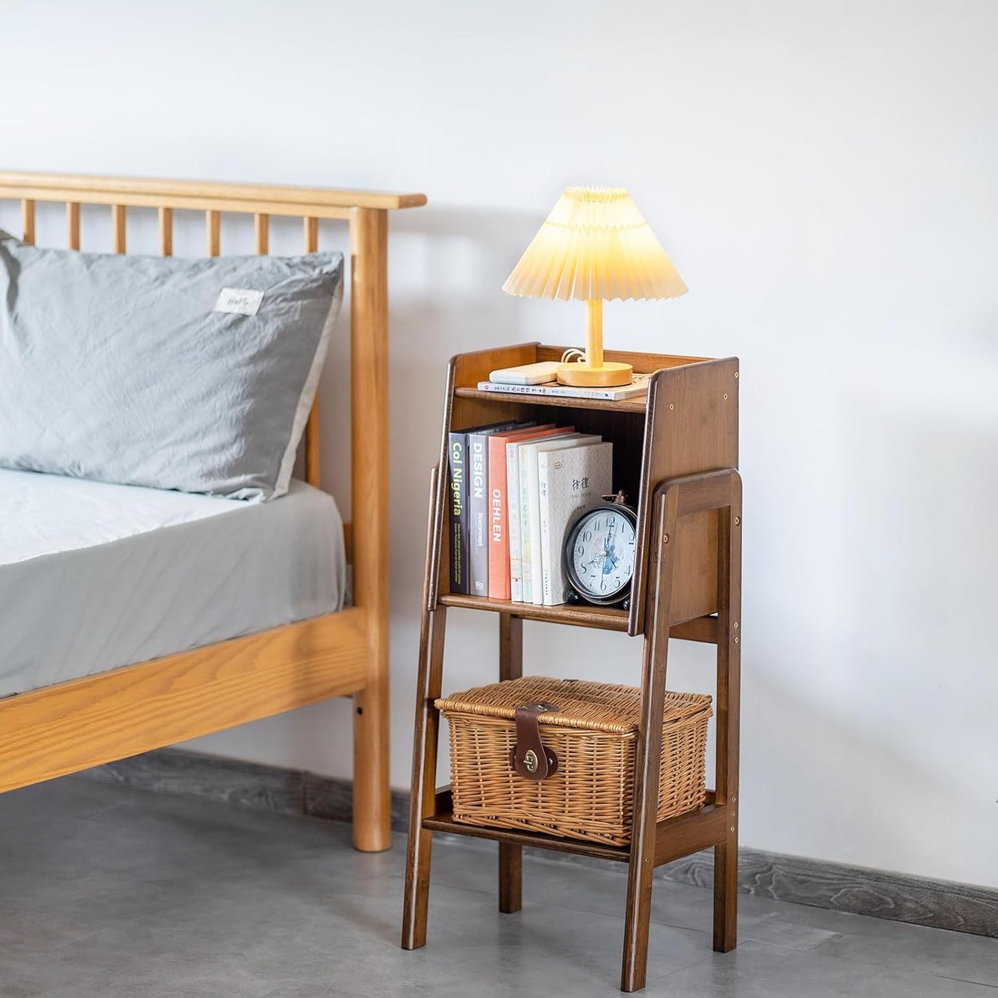 Welnow Bamboo Bookcase with Cabinet, Natural End Table with 1-Tier Storage Shelf, Modern Bedside Organizer Side Table for Bedroom or Living Room, Walnut Bookshelf with Open Space