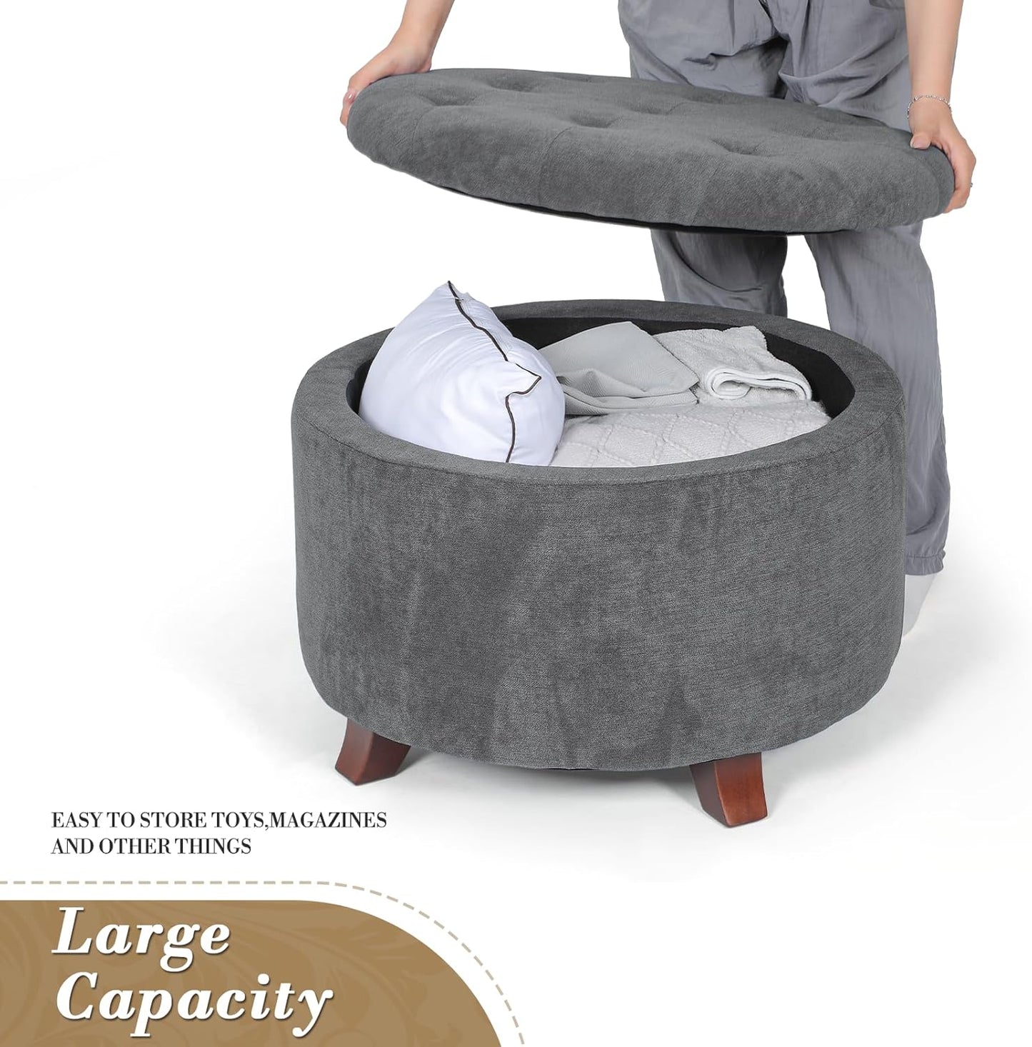 Athena Collection 24.5 Inch Small Ottoman with Storage, Round Linen Fabric Storage Ottoman Foot Rest with Removable Lid, Multipurpose Footstool Footrest for Livingroom, Bedroom, Dorm, Dark Grey