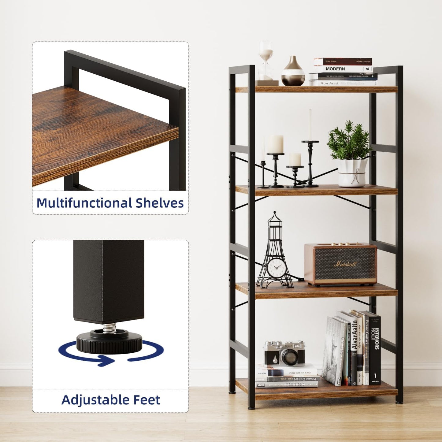 NUMENN 4 Tier Small Bookshelf, Industrial Bookcase Shelf Storage Organizer, Modern Book Shelf for Bedroom, Living Room and Home Office, Vintage