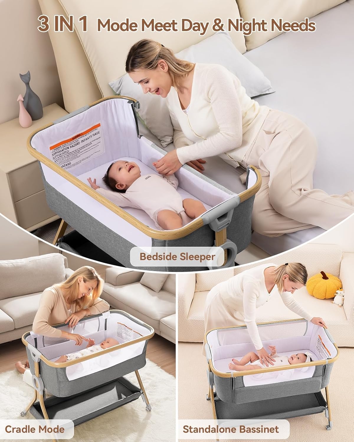 Larex 3 in 1 Baby Bassinet Bedside Sleeper, Breathable Mesh Safe Bedside Bassinet for Baby, Easy Assemble and Folding Portable Bassinet, 5 Height Adjustable Bedside Crib with Storage Basket. (Grey)