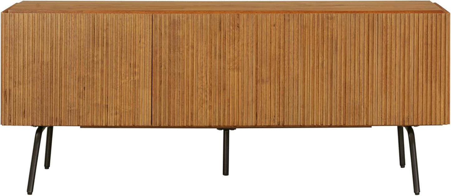 NTC Veil TV Stand with 3 Doors for TVs up to 60’’, Media Console with Vertical Groove Design and Metal Legs, Modern Entertainment Center for Living Room and Bedroom, Effortless Assembly, Teak Look