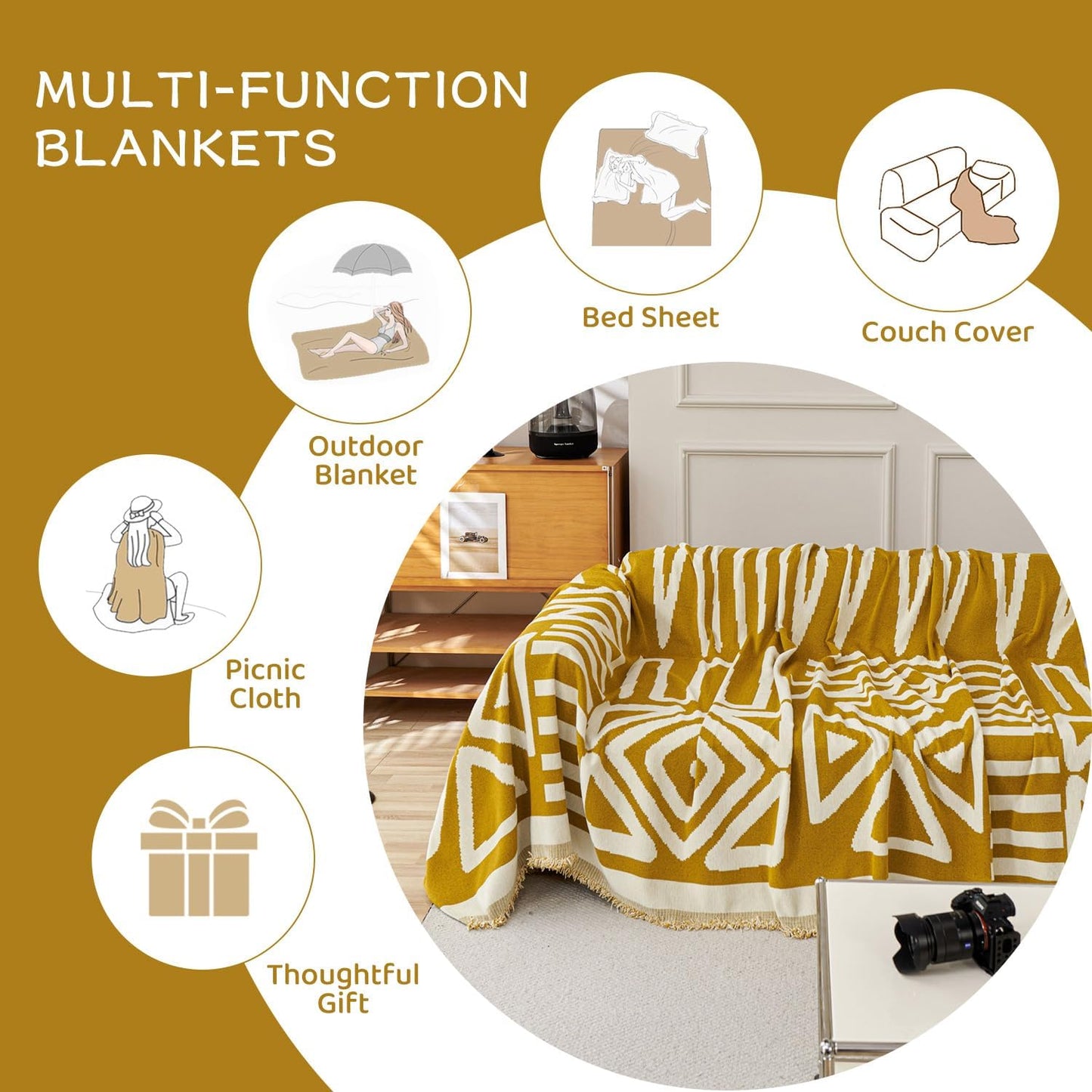 STACYPIK Boho Mustard Yellow Couch Cover Sofa Cover for Dogs Reversible Furniture Protector for 2 Cushion Couch Washable Sectional Sofa Covers Loveseat Cover Non Slip Pet Protector Cover-71X102IN