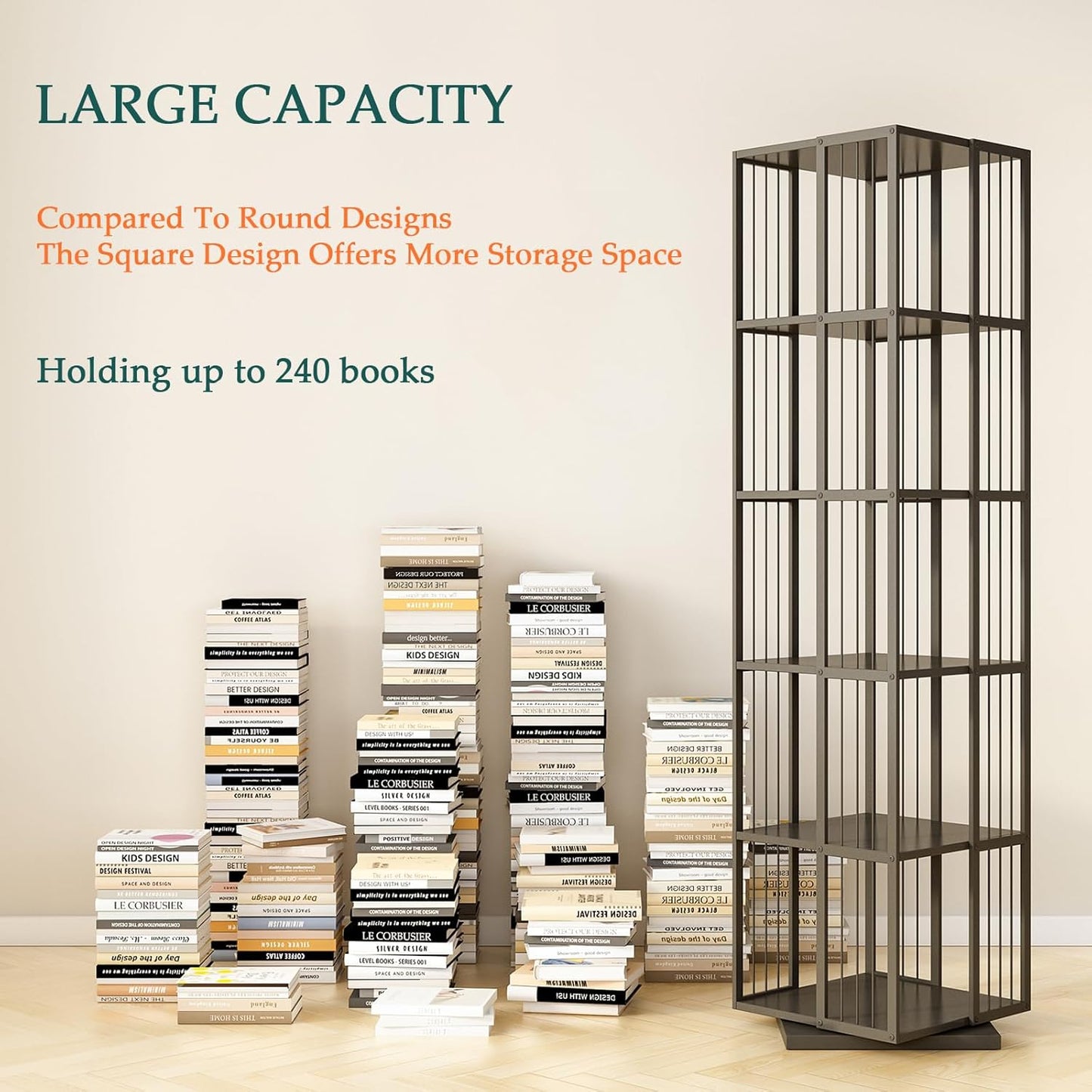 Square Rotating Bookshelf Tower - 360 Spinning Display Corner Bookcase for Narrow Space, Modern 5-Tier Revolving Storage Shelf, Black