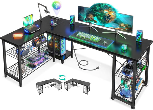 Casaottima 59 Inch L Shaped Gaming Desk with Shelves & Power Outlets, Reversible Computer Desk with Storage Shelves for Home Office, Black