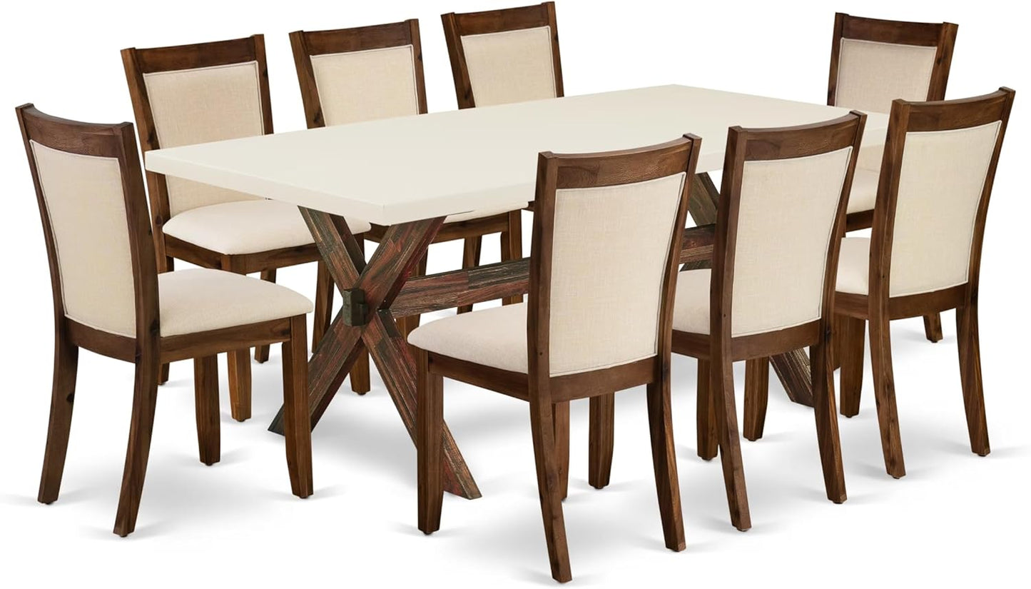 East West Furniture X727MZN32-9 9 Piece Dining Room Furniture Set Includes a Rectangle Dining Table with X-Legs and 8 Light Beige Linen Fabric Parsons Chairs, 40x72 Inch, Multi-Color