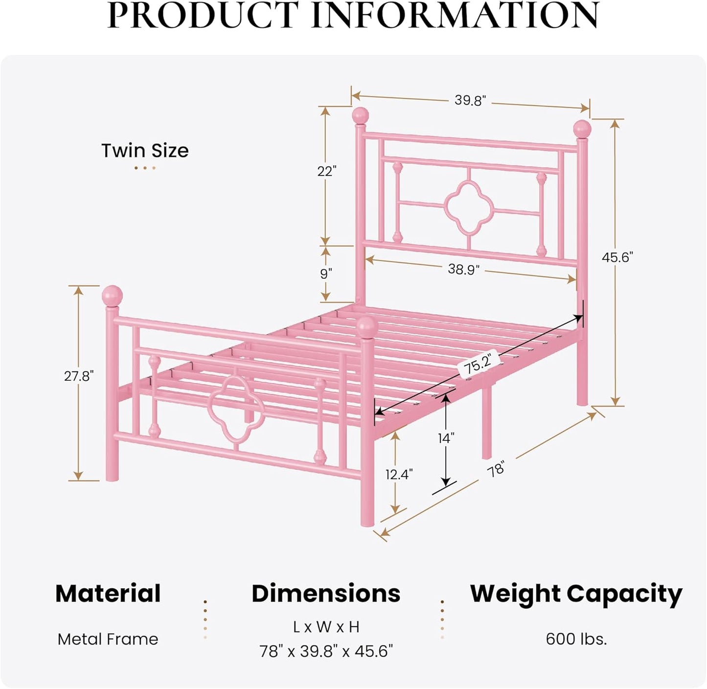 SHA CERLIN 14 Inches Twin Size Metal Platform Bed Frame/Vintage Iron-Art Headboard and Footboard/Mattress Foundation for Storage/No Box Spring Needed/Noise-Free/Easy Assembly/Pink
