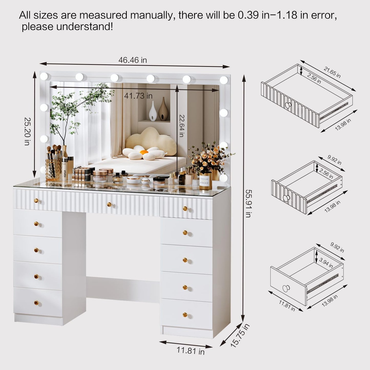 Fluted Makeup Vanity Desk with 46" HD Lighted Mirror,Big Modern Vanity Desk with Mirror and 12 LED Lights, Dressing Table with 11 Drawers, Glass Top for Bedroom,White