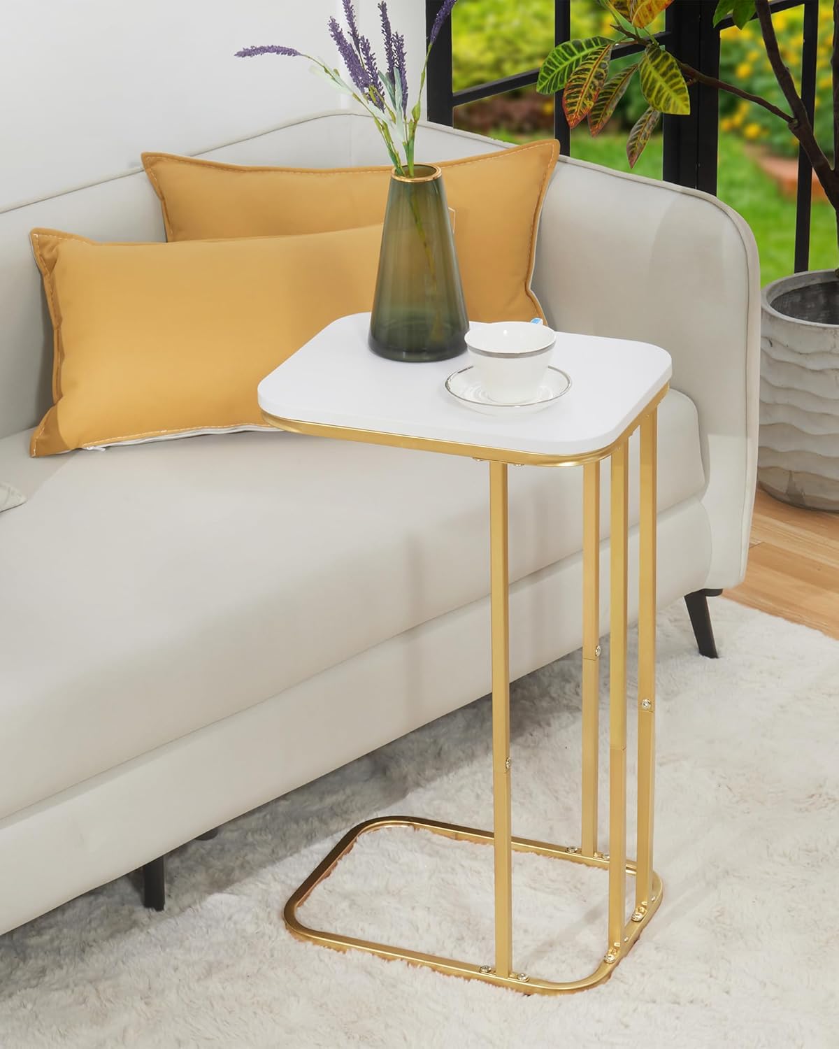 C Shaped End Table, 27 inches High Side Table for Couch Sofa Bed, Small Tv Tray, for Living Room, Bedroom, Metal Frame, Gold & White