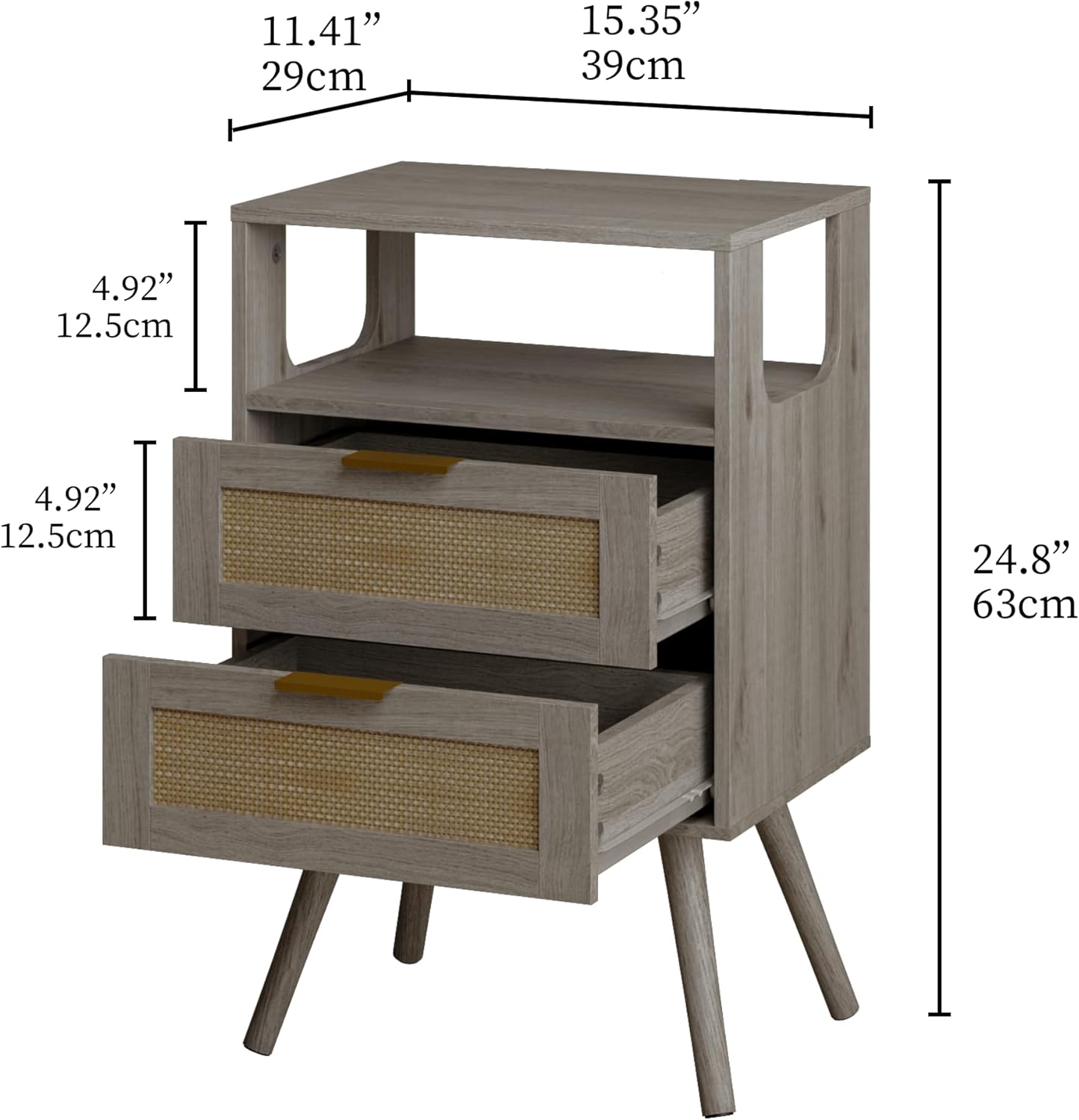 Rattan Nightstand,Farmhouse Bedside Table with 2 Storage Drawer and Open Wood Shelf, for Bedroom and Small Spaces,Night Stand with Solid Wood Legs (Grey Oak)