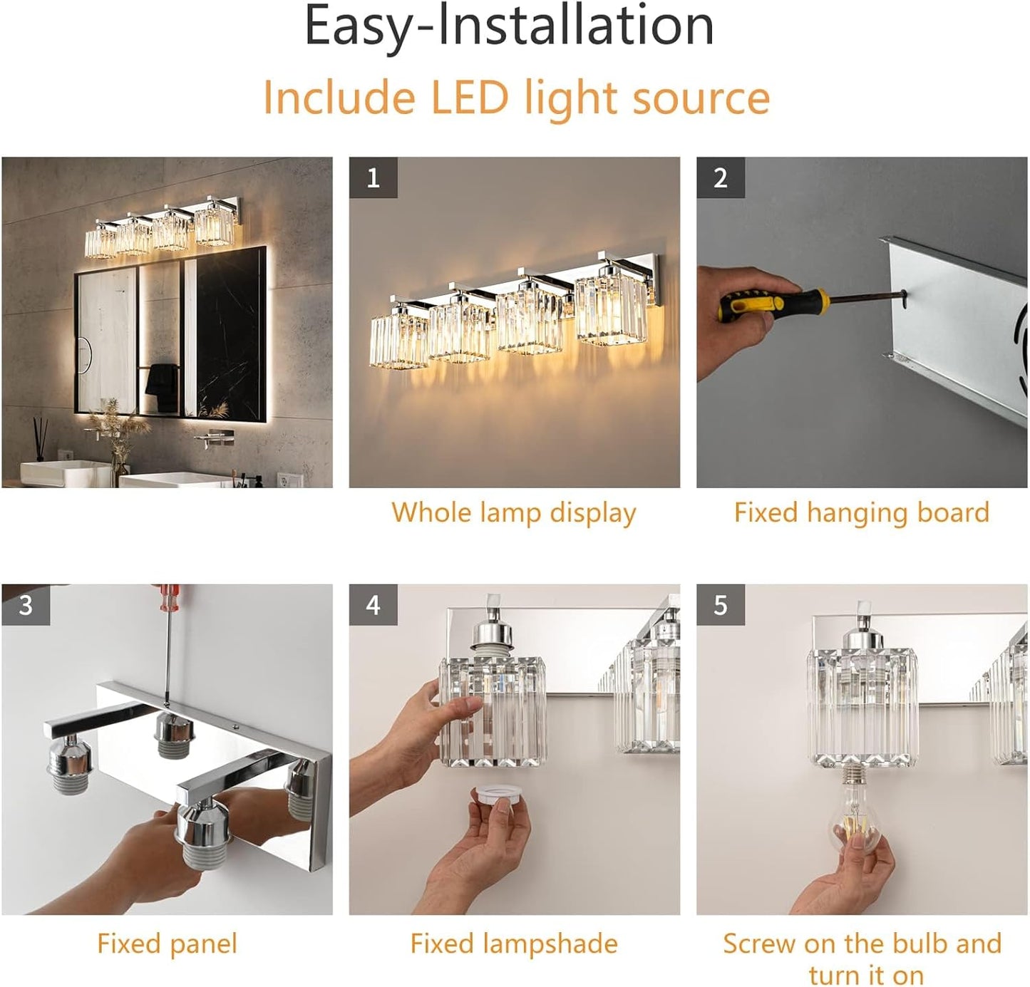 Modern 4-Light Chrome Crystal Bathroom Vanity Light Fixtures