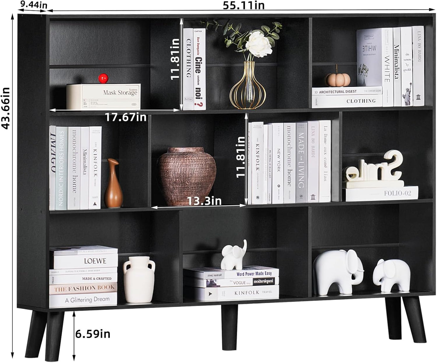 YAHARBO 10 Cube Large Bookshelf,3 Tier Bookcase with Legs,Black Mid-Century Modern Bookshelves,Wide Free Standing Open Storage Organizer Shelf,Tall Wooden Book Case Furniture for Living Room,Office