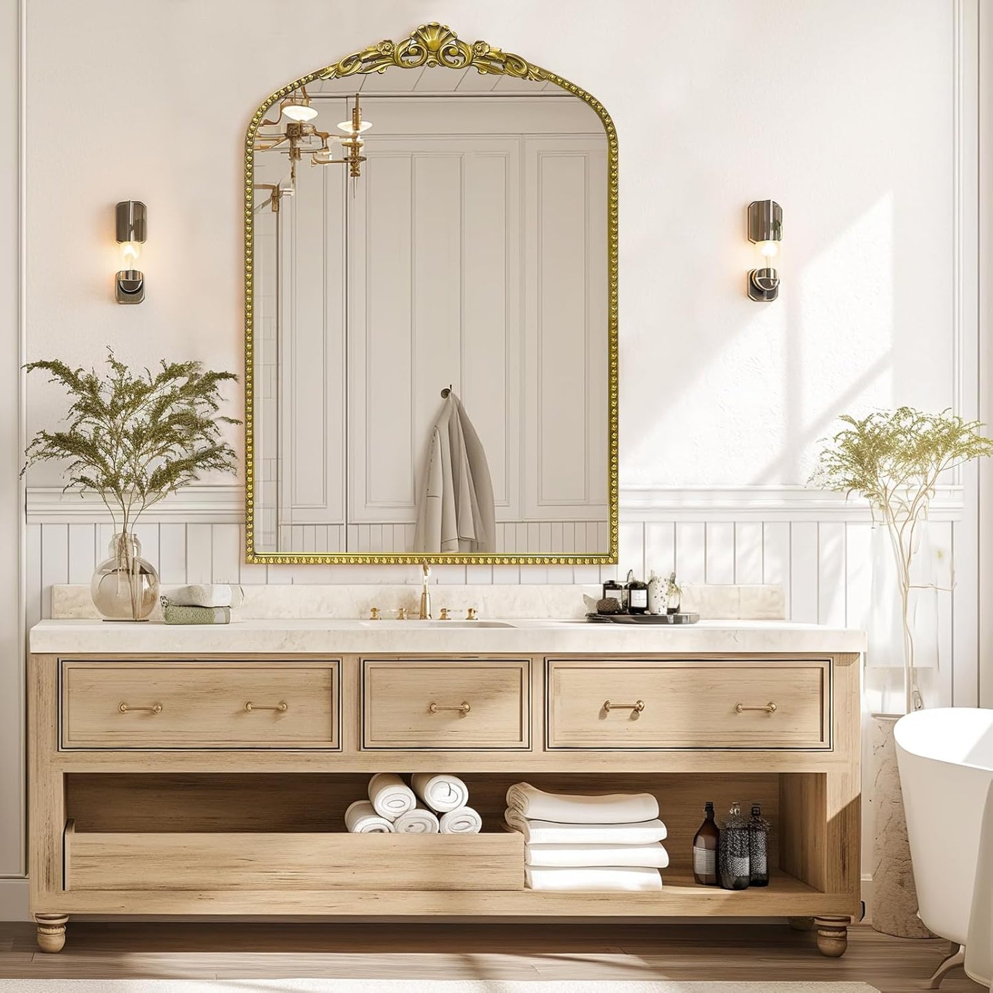 G-LEAF Vintage Baroque Mirror 24"X36", Arched Mantel Victorian Antique Farmhouse Mirror with Black Brush Gold Ornate Metal Frame for Fireplace Entryway Living Room Hallway Bathroom