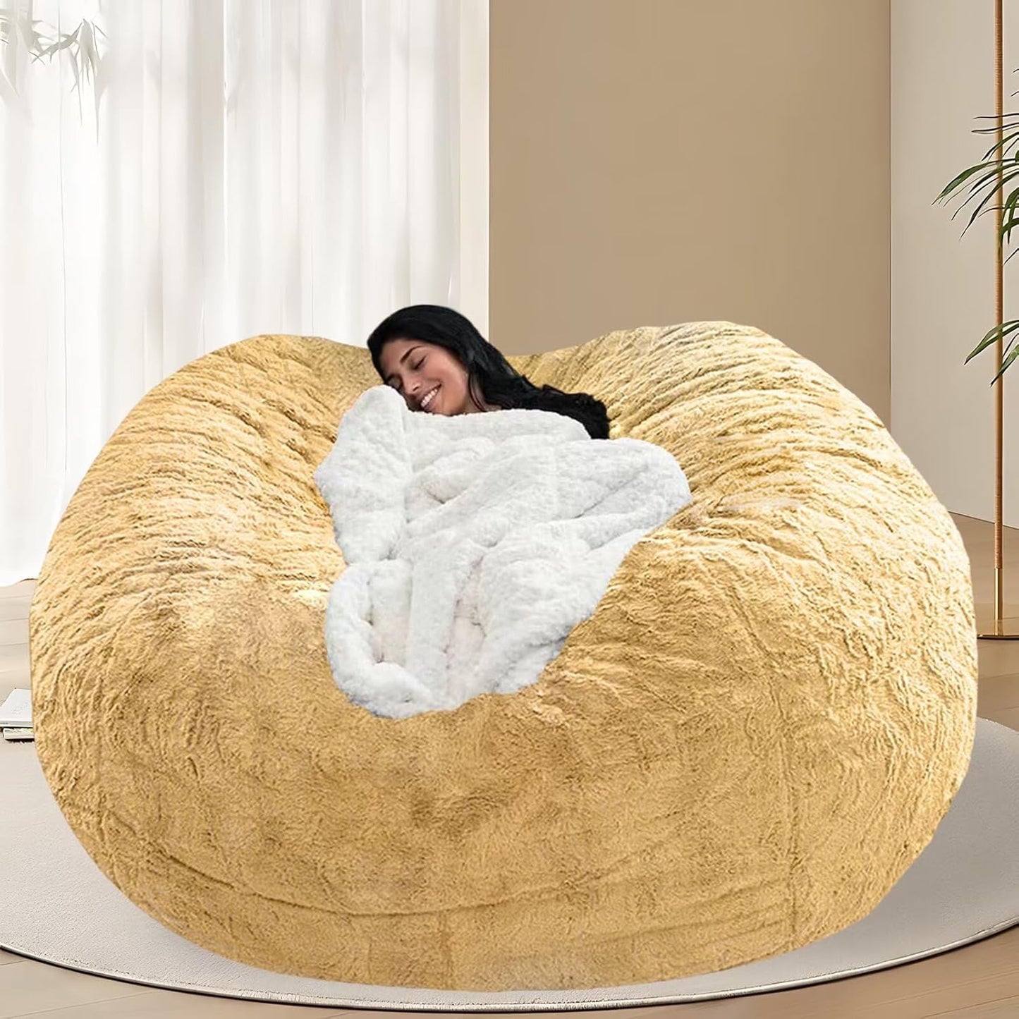 BCU 6FT Bean Bag Chair for Adults and Kids Without Filler Giant Stuffed Animal Storage Cover Soft Faux Fur Floor Chair Cover for Bedroom Living Room, Lemon Yellow