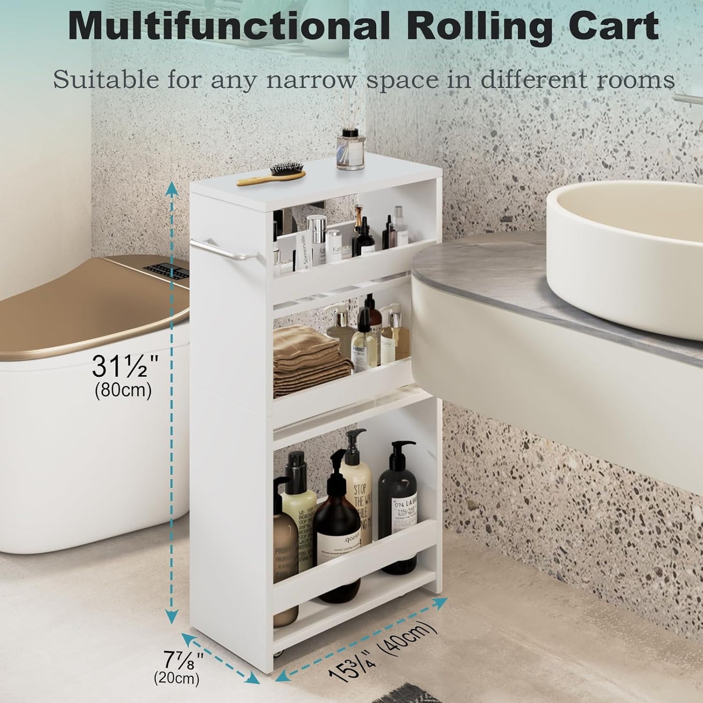 MARTY Rolling Storage Cart 7.9" W, 4-Tier Kitchen Cart with Wheels Handle, Slim Storage Cart Mobile Shelving Utility Carts for Bathroom Laundry Room Organization Narrow Places (All White)