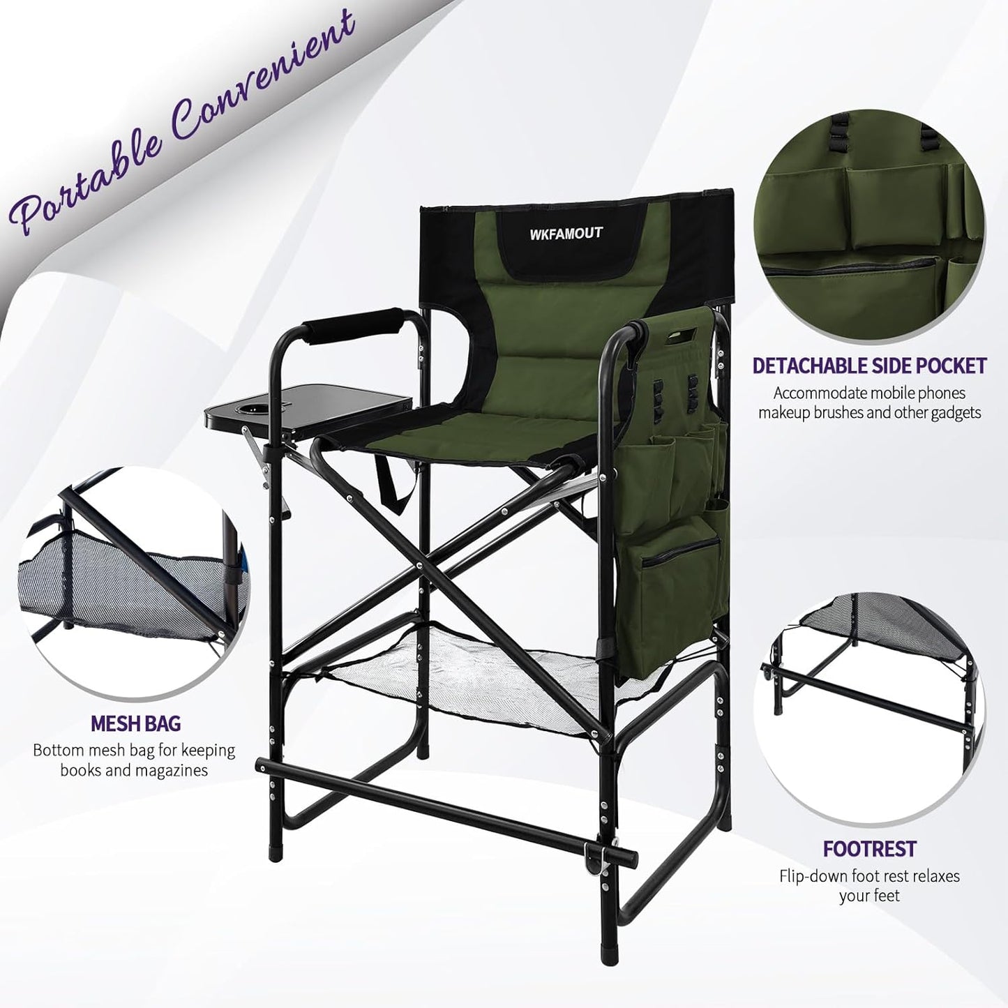 Tall Folding Directors Chair with Side Table 30.71" Seat Height Foldable Camping Chair Bar Stool for Makeup Artist Face Painting with Footrest and Storage Pocket Supports 350LBS
