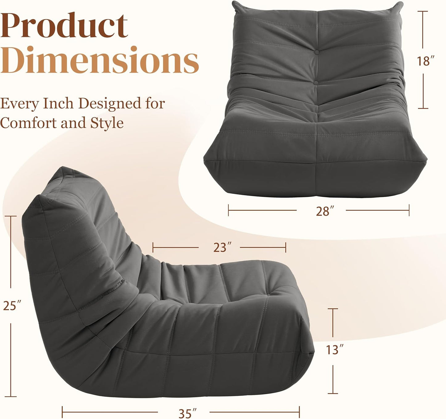 Bean Bag Chair, Fireside Chair Bean Bag Sofa for Adults, Bean Bag Chairs for Teens with High-Resilience Foam, Memory Foam & Non-Slip Base Bean Bag for Living Room, Bedroom, Office (Suede, Dark Gray)