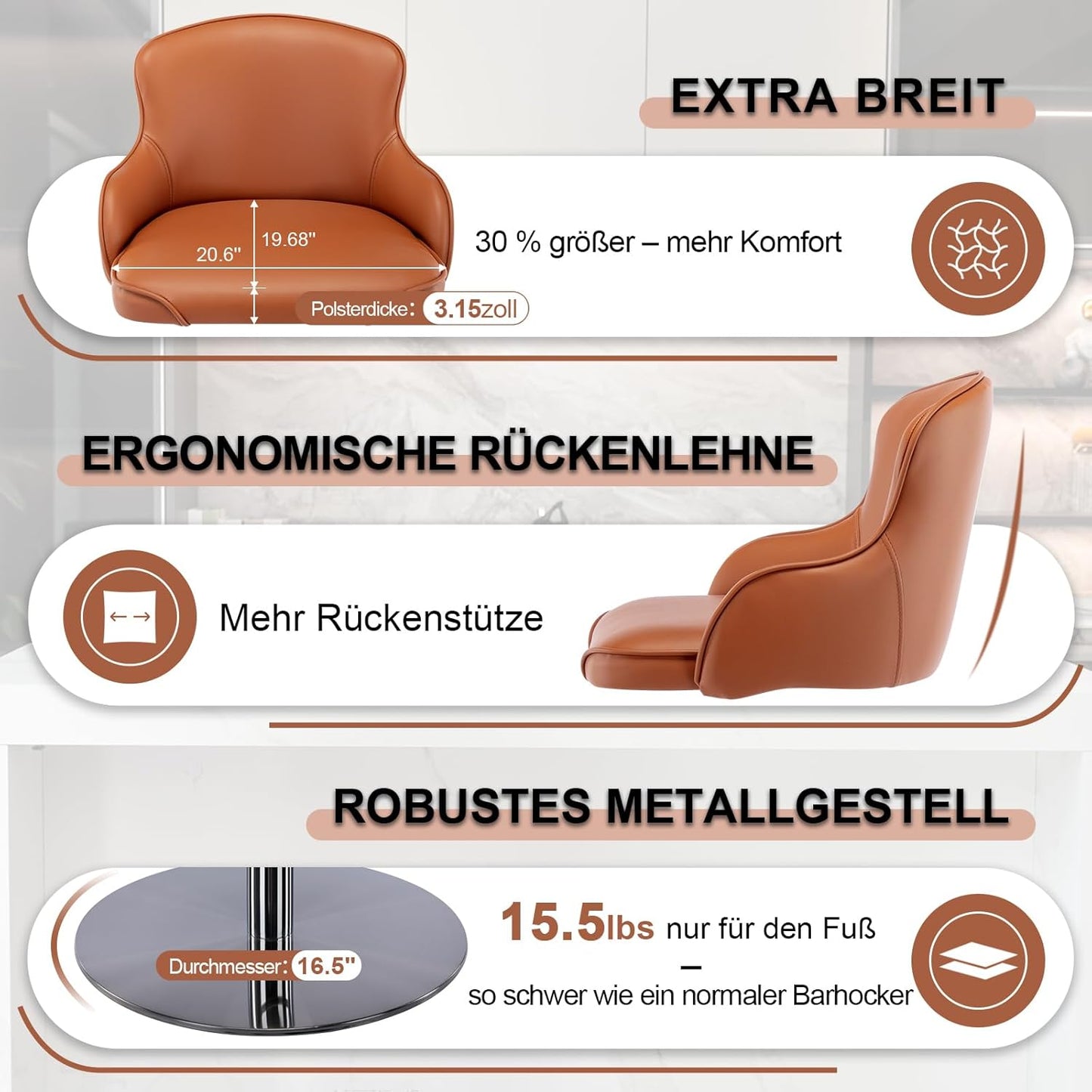 Black Titanium Stainless Steel Bar Stools,Grade Modern Leather Bar Chair with Backrest,Swivel Adjustable Height for Kitchen Counter and Dining Room (Brown Leather-1pc)