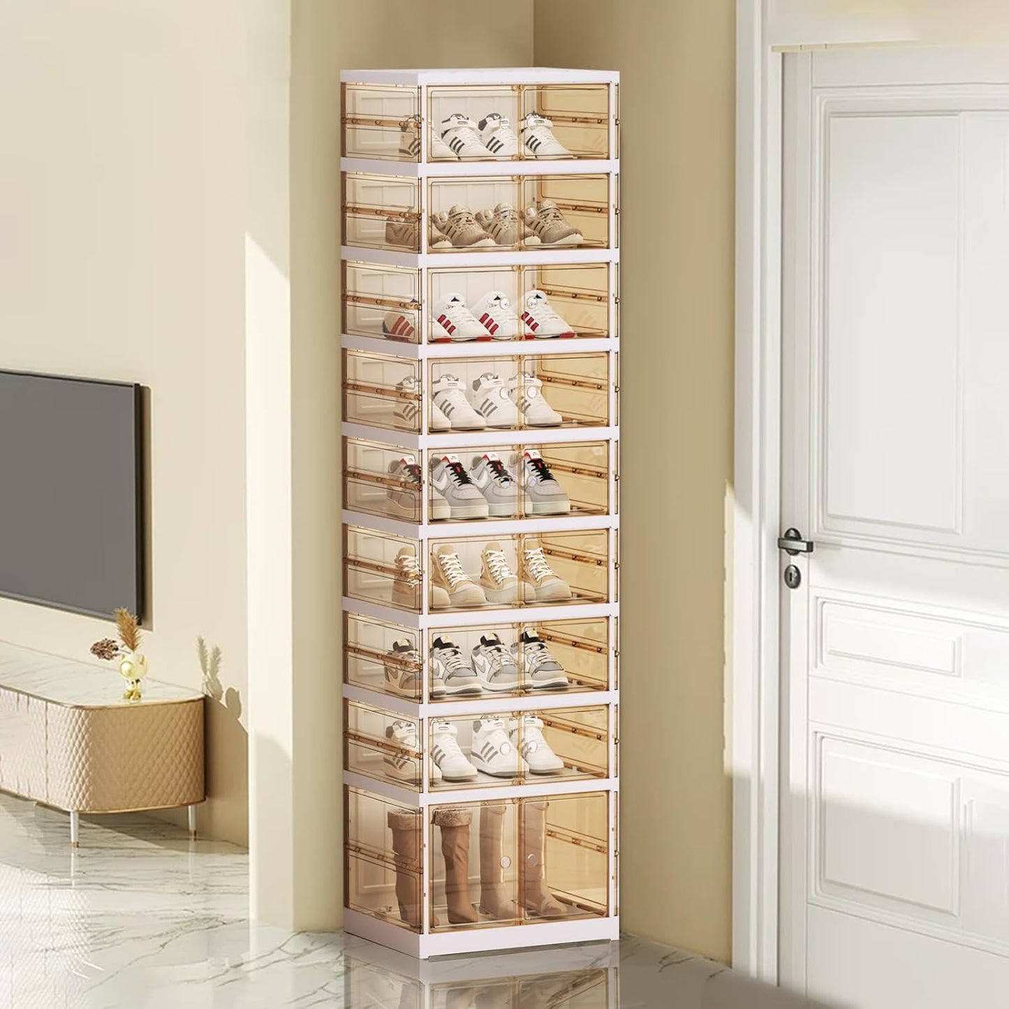 ELPHECO 9 Tier 18 Pairs Plastic Shoe Rack - Clear Foldable Shoe Organizer, Folding Entryway Shoe Cabinet, Collapsible Sneaker with Magnetic Doors, Stackable Shoe Shelf,Three-Sided Clear Shoe Box