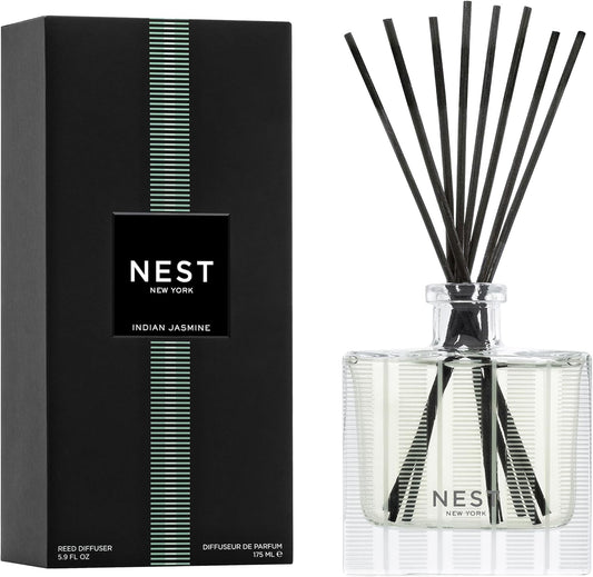 NEST New York Reed Diffuser, Indian Jasmine - 5.9 fl oz - Fragrance for Up to 90 Days - Reusable, Refillable Glass Holder - Includes 8 All-Natural Reed Sticks - Flame Free
