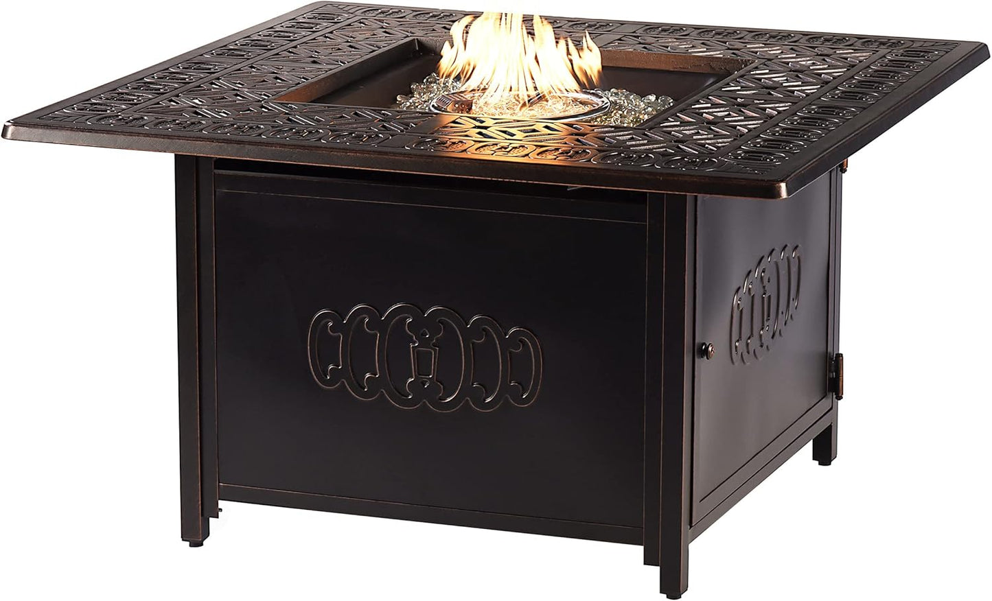 Oakland Living Black Aluminum Patio Fire Table Set with Four Deep Seating Loveseat, Cushions and Wind Blocker