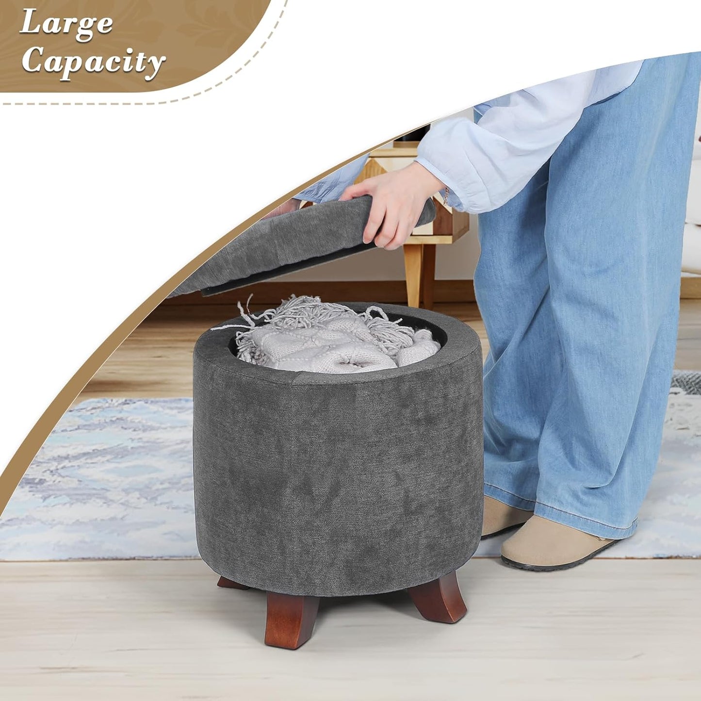 Athena Collection 15 Inch Small Ottoman with Storage, Round Linen Fabric Storage Ottoman Foot Rest with Removable Lid, Multipurpose Footstool Footrest for Living Room, Bedroom, Dorm, Dark Grey