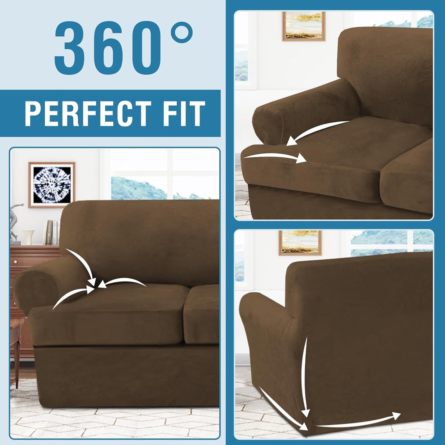 H.VERSAILTEX Sofa Cover 2 Piece T Cushion Armchair Slipcovers Thick Velvet Couch Cover Stretch T Cushion Sofa Covers for 1 Cushion Couch with 1 Individual T Cushion Covers, Bronze Brown