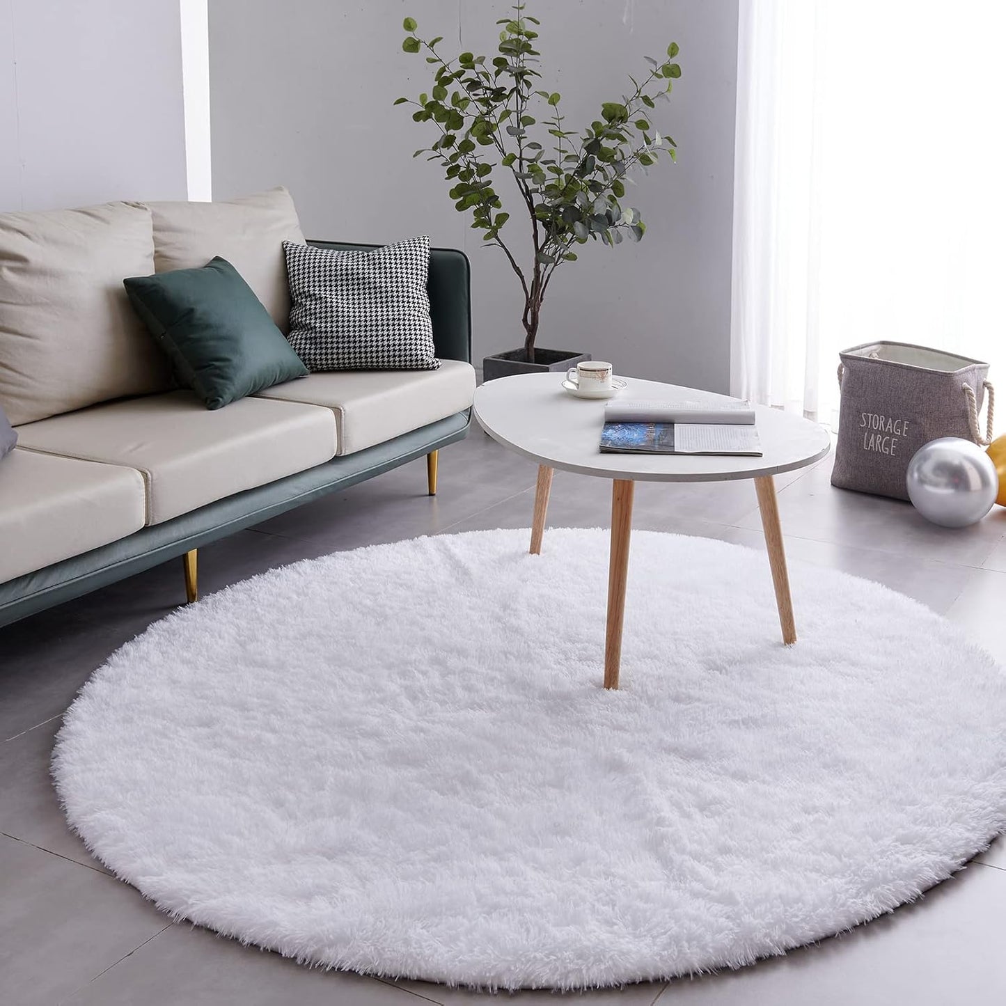 FJZFING White Round Rug Ultra-Soft Plush Modern 5x5 Circle Area Rug for Kid's Bedroom, Fluffy Shag Circular Rug for Nursery Room, Non-Slip Home Decor Cute White Carpet for Teen's Room