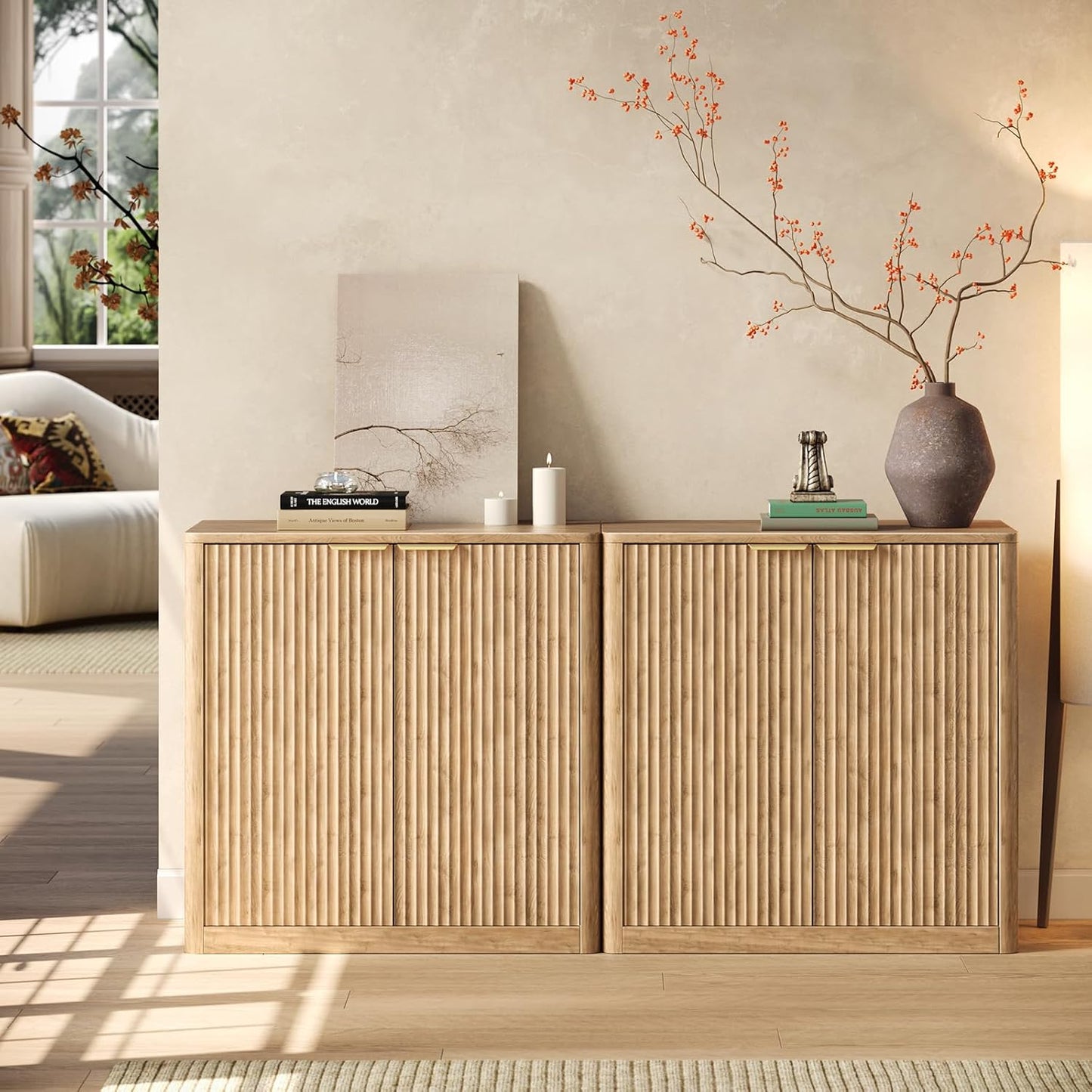 63" Oak Buffet Cabinet with Storage, Large Fluted Sideboard with Adjustable Shelves, Accent Credenza for Living Room, Entryway, Dining Room, Kitchen, Coffee Bar Table with Doors