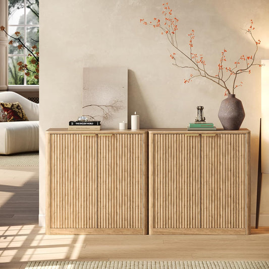 63" Oak Buffet Cabinet with Storage, Large Fluted Sideboard with Adjustable Shelves, Accent Credenza for Living Room, Entryway, Dining Room, Kitchen, Coffee Bar Table with Doors