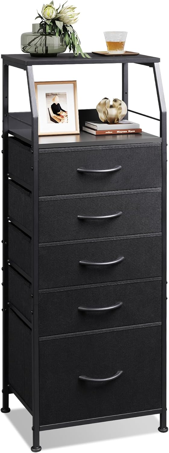 WLIVE Black Fabric Dresser for Bedroom, Tall Nightstand with 5 Drawers & 2 Open Shelves, Modern Night Stand Organizer, Sturdy Steel Frame Bedside Table