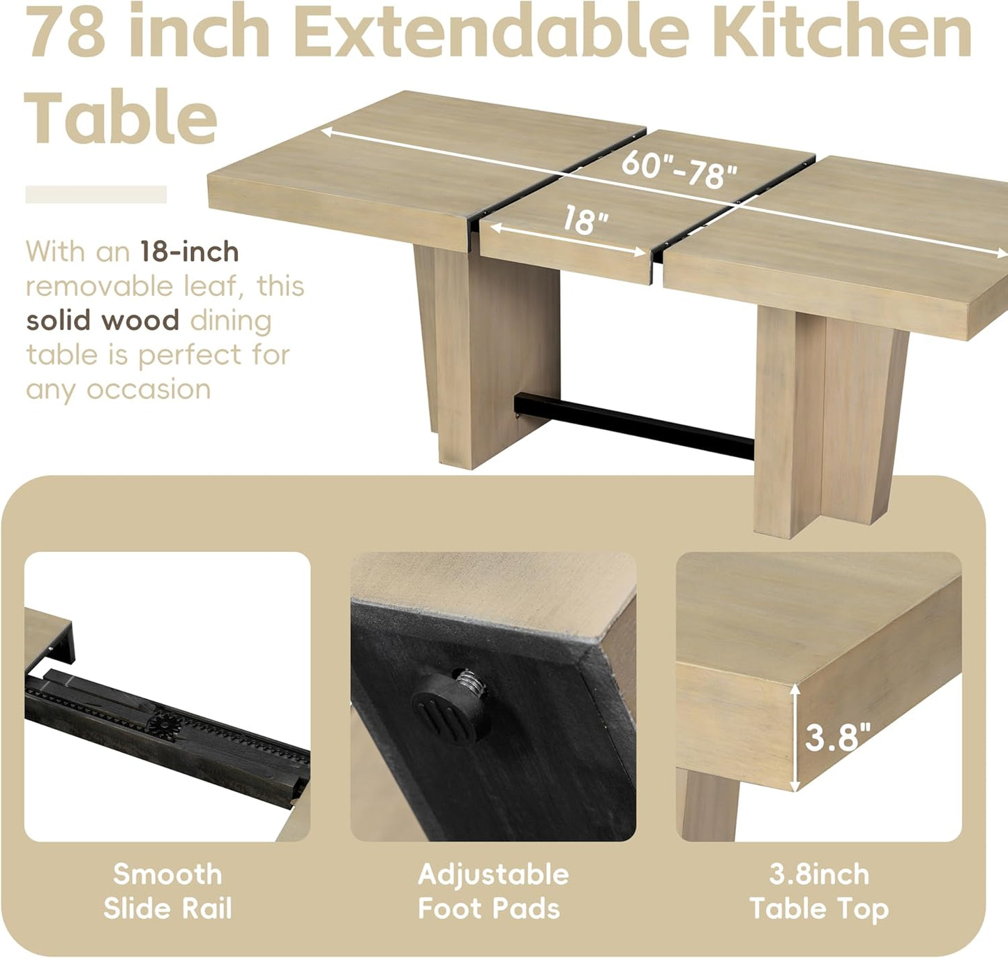 Ball & Cast 6 Piece Farmhouse Dining Table Set with Extendable Table,4 Upholstered Chairs & 1 Bench,Wooden Kitchen Table Set of 6,Backrest Chair with Table & Upholstery-Bench,for Dining Room,Natural