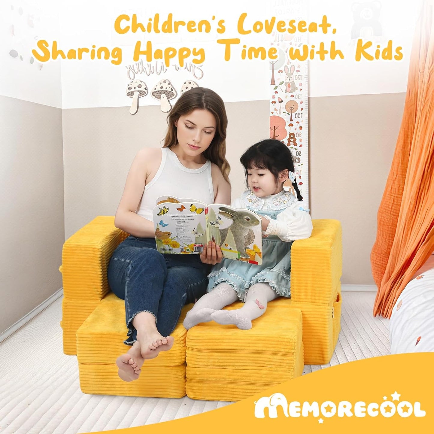 MeMoreCool Modular Kids Couch, Corduroy Play Toddler Couch for Bedroom Playroom Furniture, Convertible Foam Kids Sofa Bed, Fold Out Baby Sofa for Girl Boy, Yellow