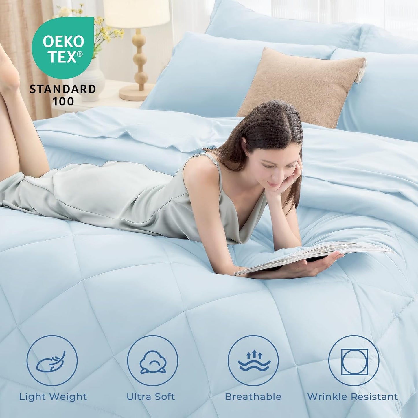 HEVUMYI Twin-XL Comforter Set - 5-Piece All Season Bed in a Bag Twin-XL, Ultra Soft Bedding Set with Comforter, Flat Sheet, Fitted Sheet, Pillowcases, Pillow Shams, Greyish Blue