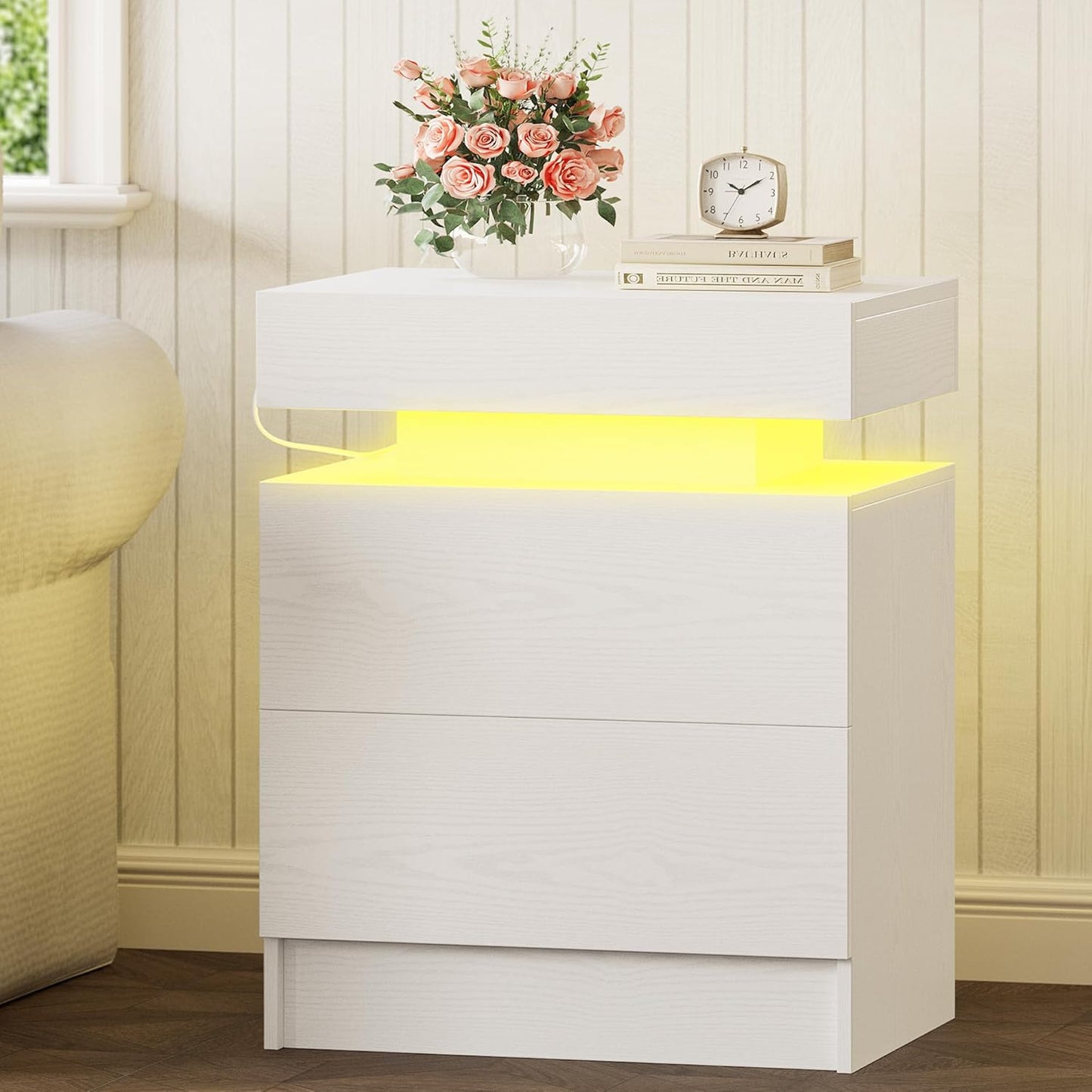 LIKIMIO Night Stand Set of 2, Modern White Nightstand with with Charging Station, Bedside Tables with LED Light and Drawers, End Table for Bedroom