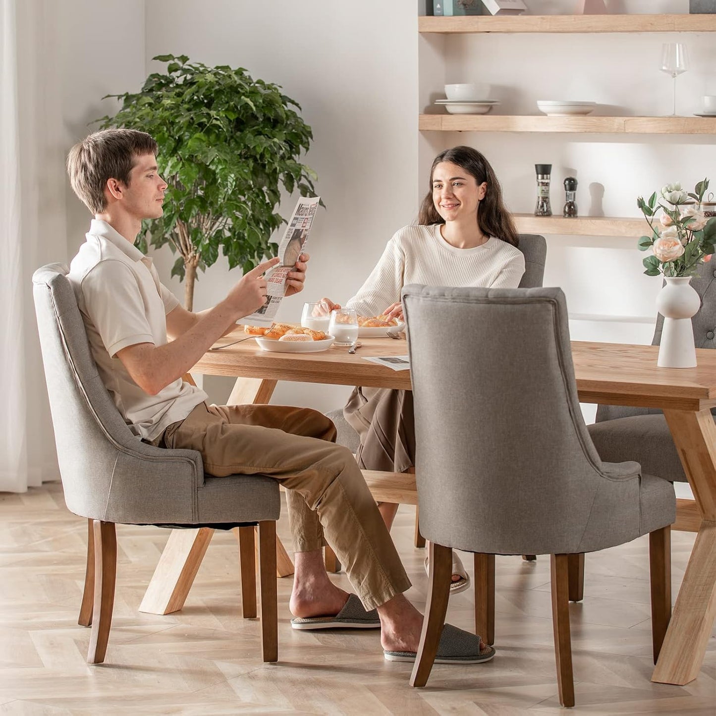 COLAMY Wingback Upholstered Dining Chairs Set of 6, Fabric Side Dining Room Chairs with Tufted Button, Living Room Chairs for Home Kitchen- Light Grey