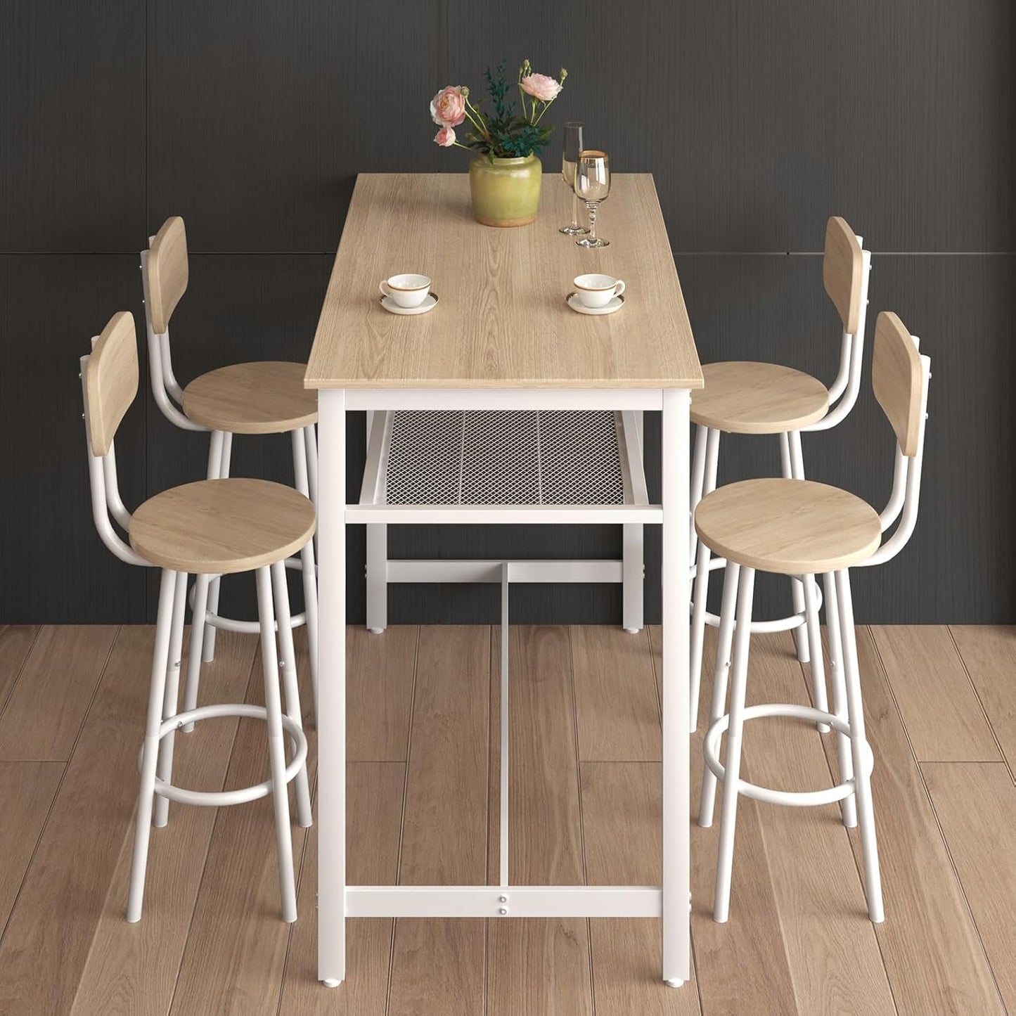 5-Piece Bar Table and Chairs Set, 43.3'' Pub Table Set Modern Small Table and Chairs Set of 4 for Breakfast Nook Living Room Small Space Restaurant, White Oak