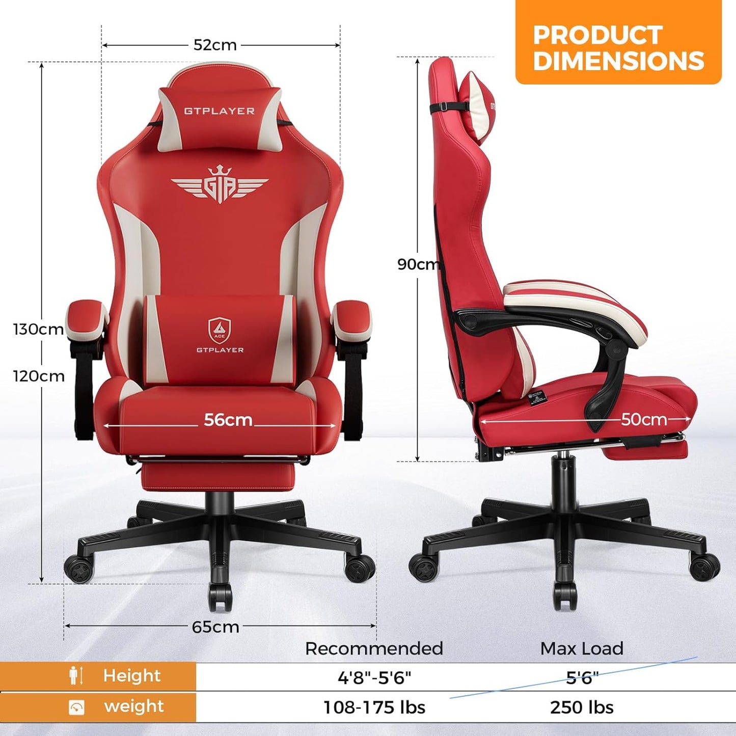GTPLAYER Gaming Chair with Footrest, Big and Tall Game Chair High Back Computer Office Chair with Lumbar Support for Adults, Ergonomic Swivel Games Chair with Cushion Gaming Faux Leather Red