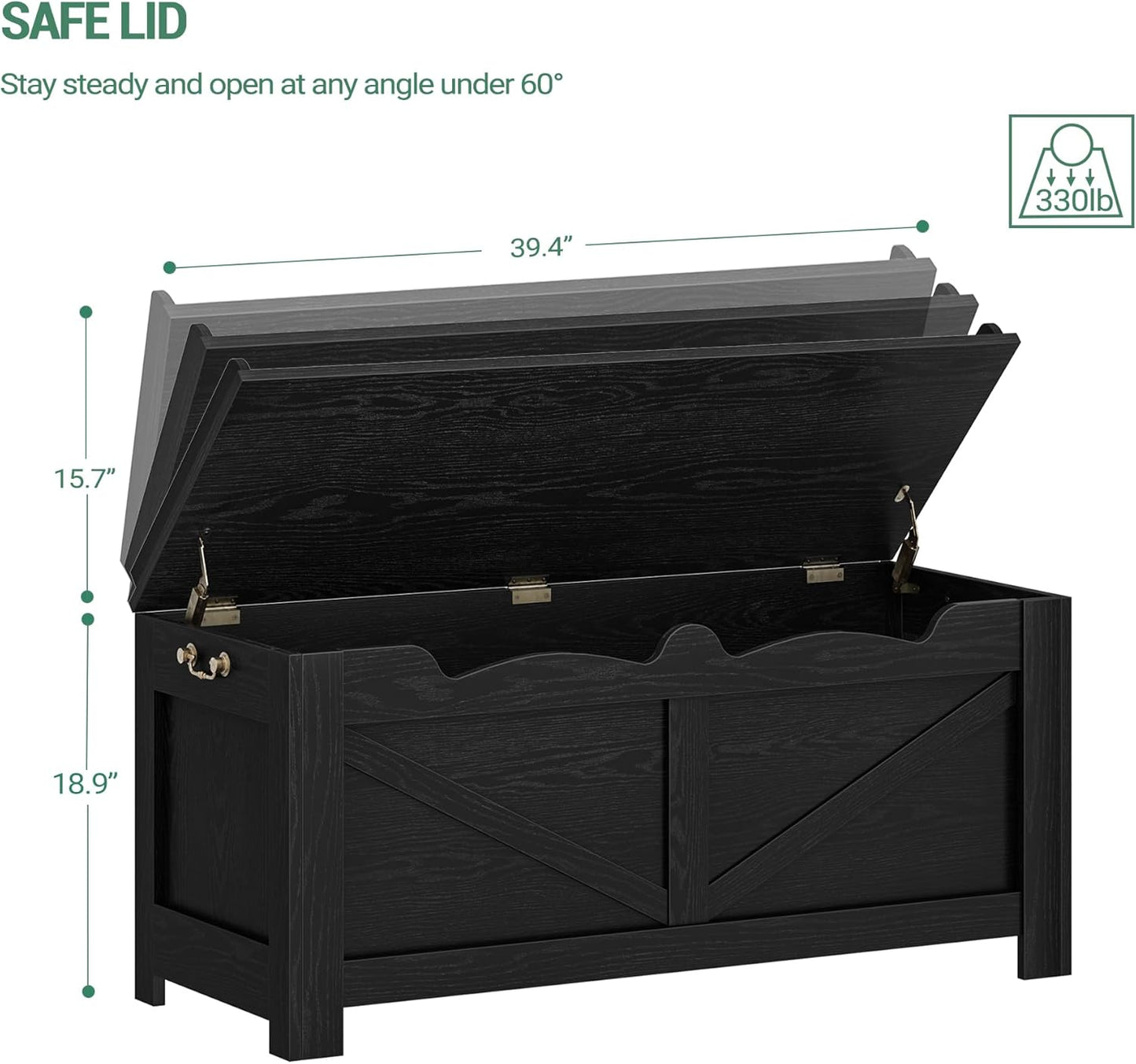39.4" Storage Bench, Storage Chest, Lift-Top Storage Trunk with 2 Safety Hinges, Wooden Storage Box Chest Organizer for Bedroom, Entryway, Living Room, Black SB04504X
