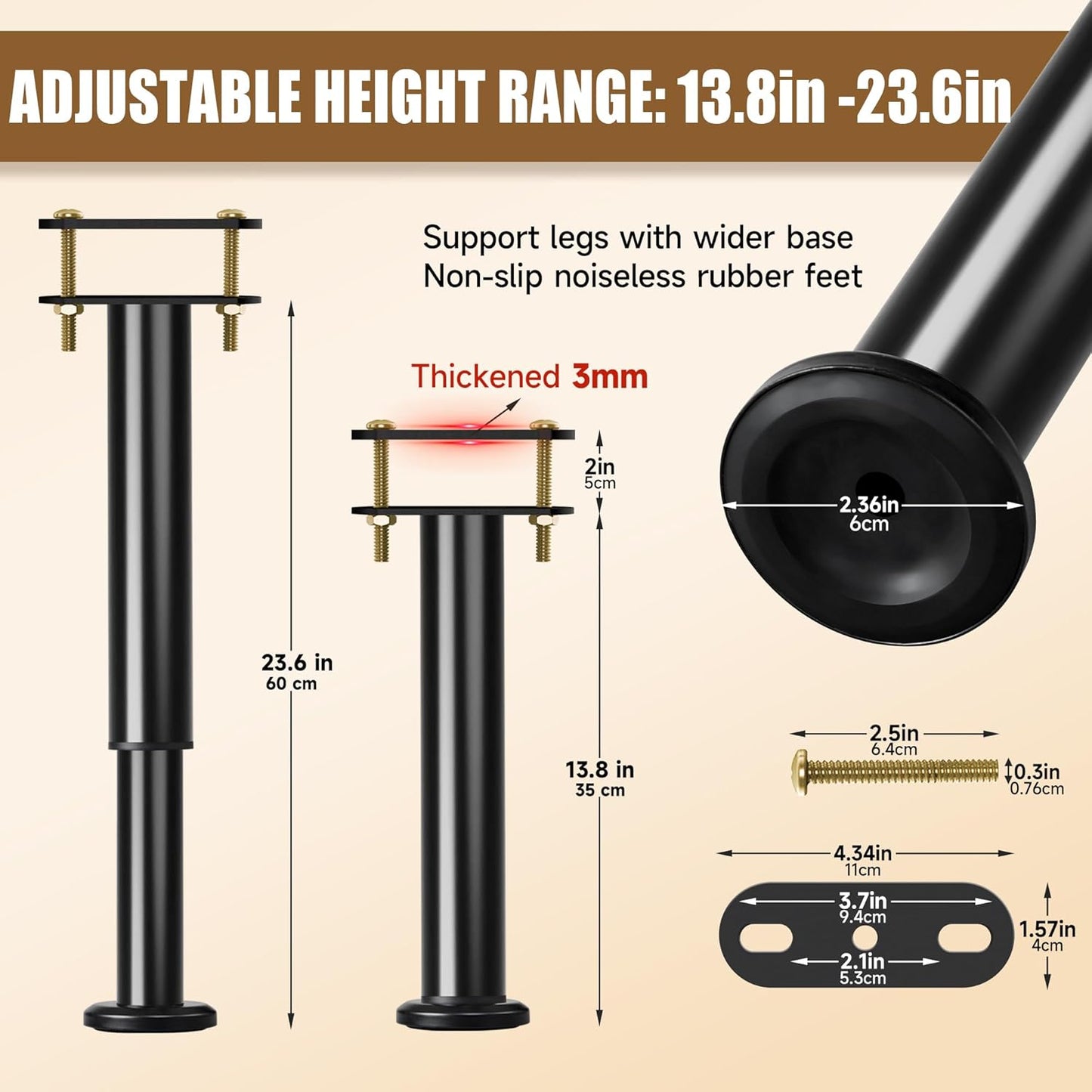 Adjustable Height Bed Support Legs 13.8-23.6 inch, Bed Frame Center Support Legs for Bed Frame/Bed Center Slat/Furniture, Heavy Duty Metal Bed Replacement Legs Bed Slats Support Legs, Upgraded Version