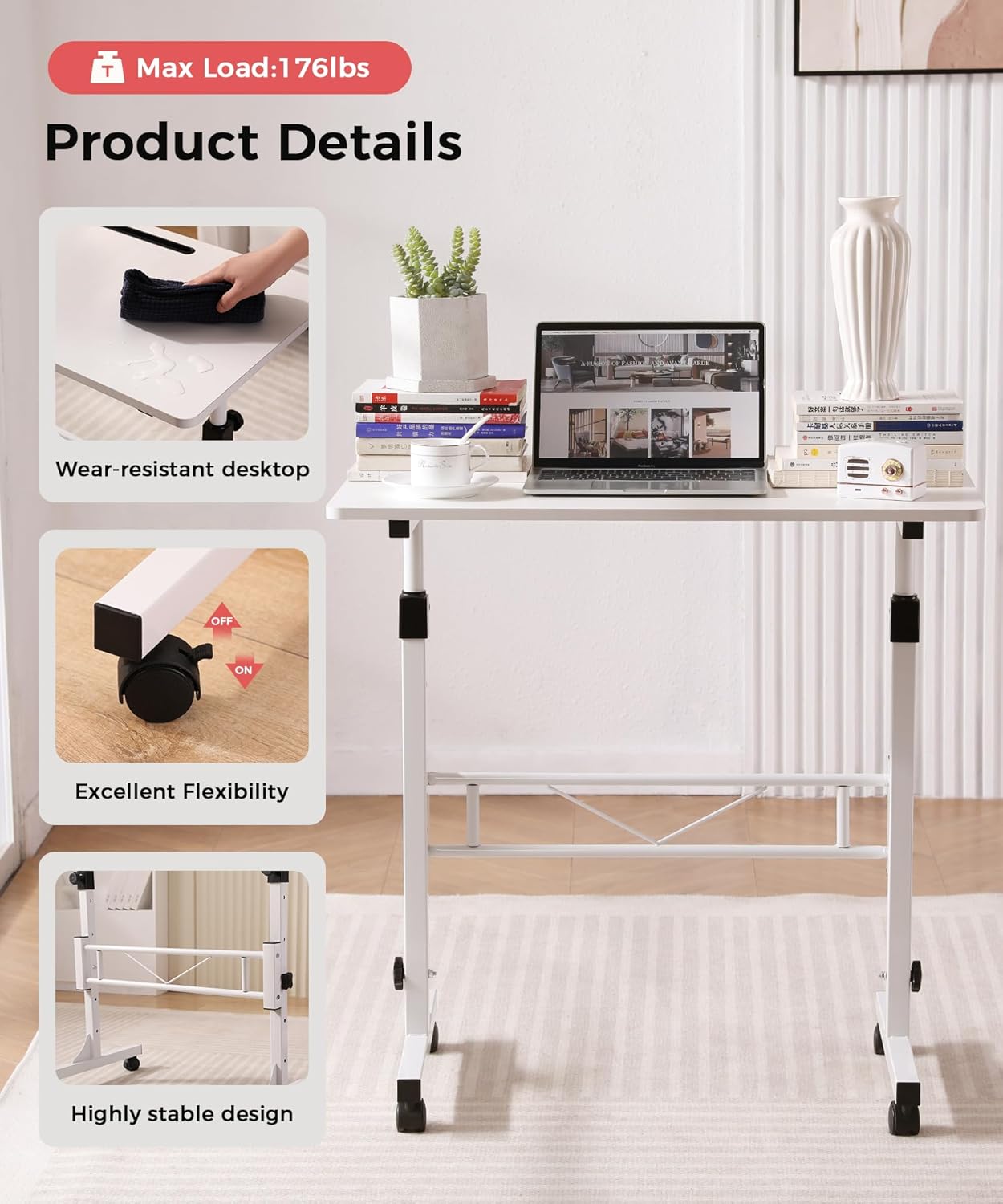 KLSMYHOKI Standing Desk Adjustable Height, Mobile Stand Up Desk with Wheels Small Computer Desk Rolling Desks, Portable Laptop Desk White Standing Table Home Office Desks 16"x31.5" Height 27"-43.5"