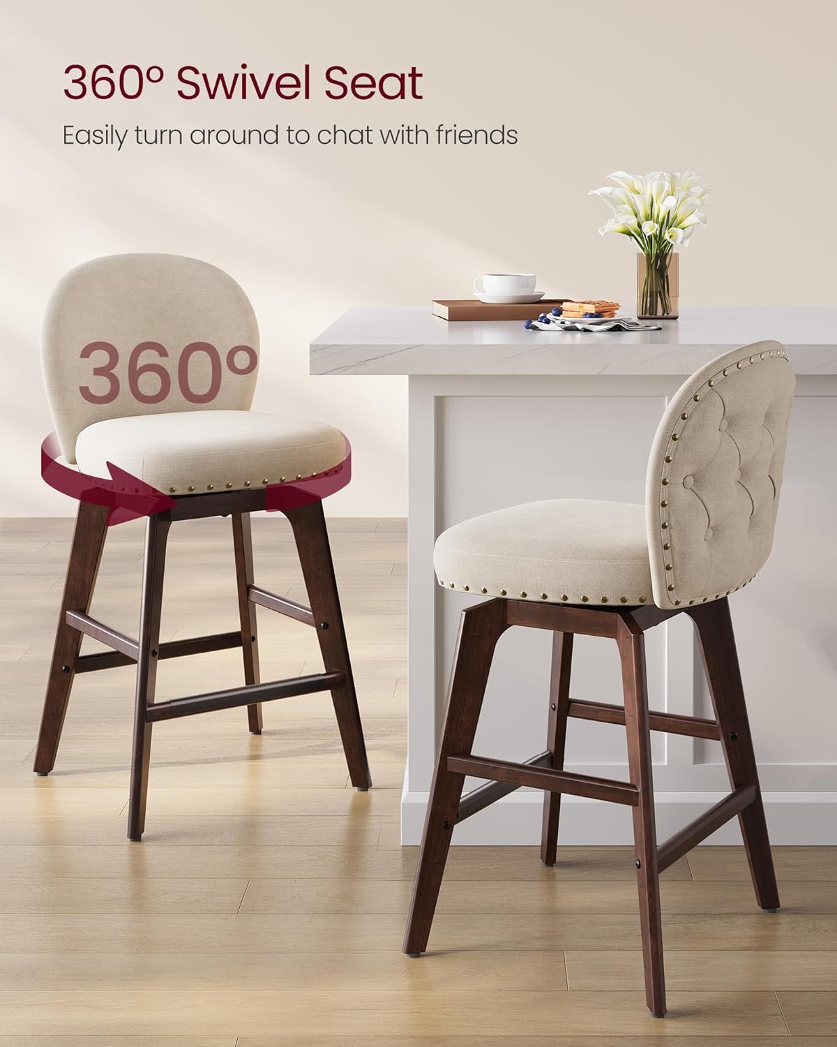 VASAGLE Bar Stools Set of 4, Swivel Counter Height Bar Stools with Back and Wood Legs, Chenille Fabric Upholstered Barstools, 26.2-Inch Tall Counter Barstools for Kitchen Island, Cappuccino Beige