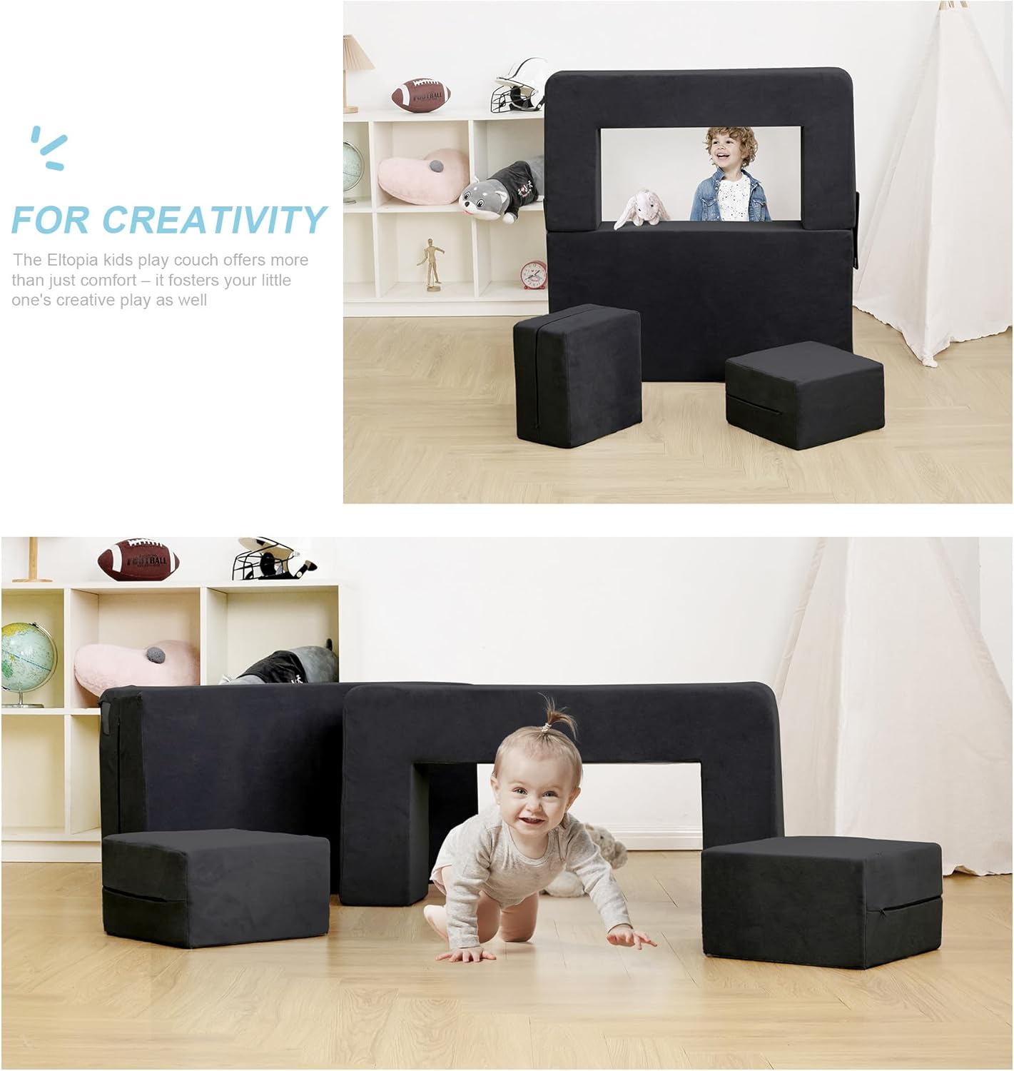 Modular Kids Sofa,Toddler Couch Foam Armchair for Kids, Children Convertible Plush Sofa Play Set,Fold Out SofaBed(Black)