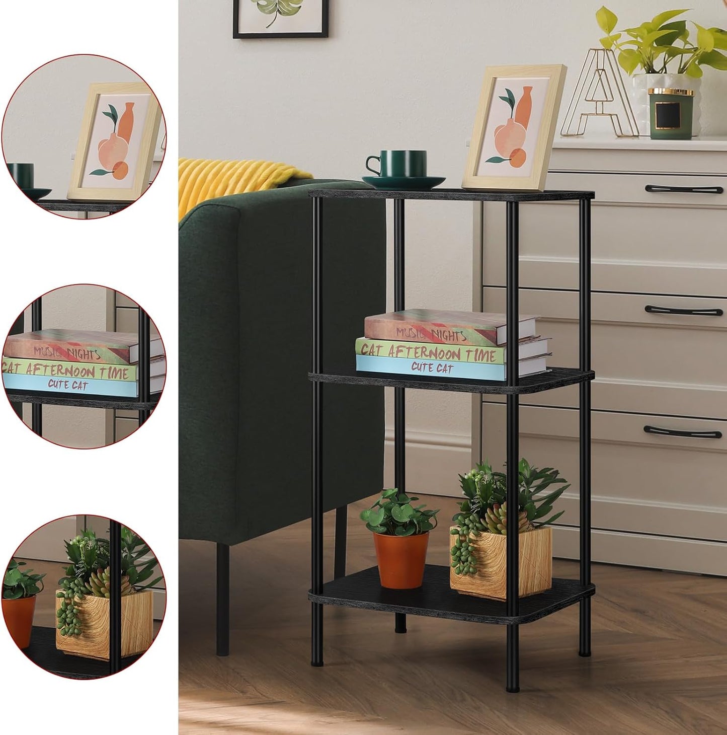 smusei 3 Tier Small End Table Tall Telephone Table with Storage Shelves Black Sidetable for Small Spaces Tall Night Stand Table for Bedroom, Living Room, Office, Sofa Couch